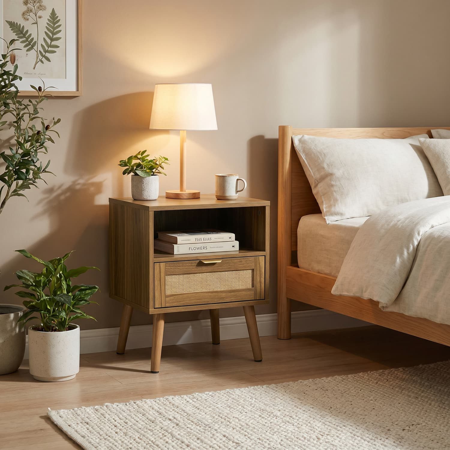 ANYSUN Nachttisch Nachtkommode Rattan mit Schublade,Offenem Fach,Goldgriff, Walnussoptik (1-St)Mid-Century Nachtkonsole für Schlafzimmer,Wohnzimmer,Heimbüro), B – Bild 5 von 5