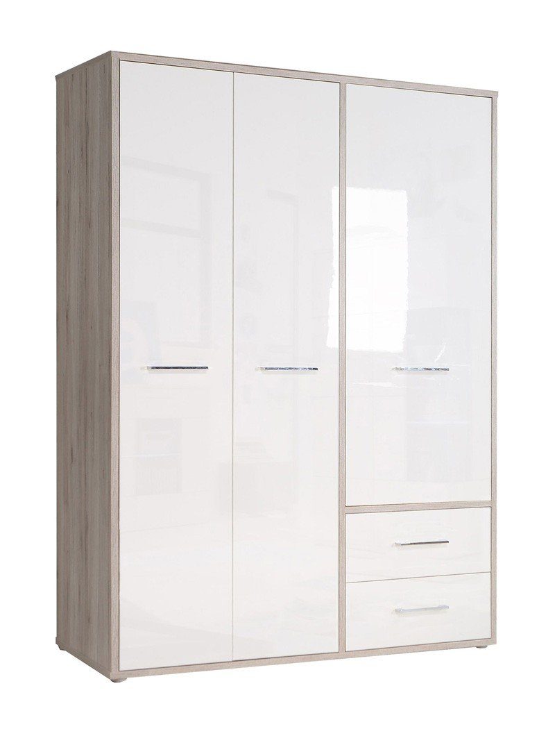 Kleiderschrank Drehtürenschrank cm 147x202x60 weiss Kleiderstange Sandeiche Hochglanz expendio Jana