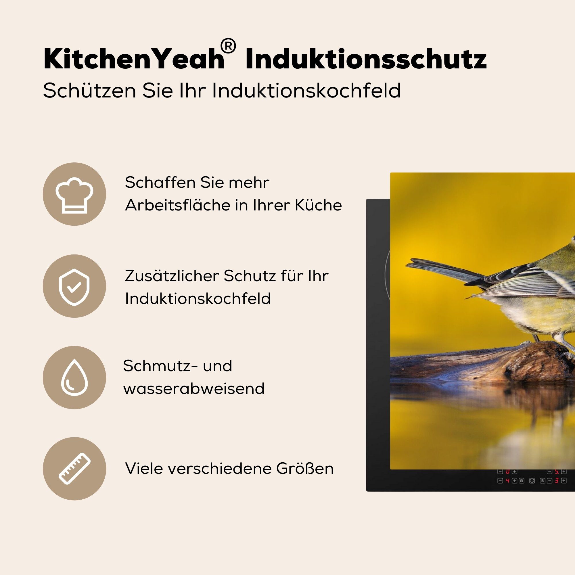 - Vogel cm, 81x52 Vinyl, - Kohlmeise Wasser, Herdblende-/Abdeckplatte Arbeitsplatte MuchoWow (1 für Ceranfeldabdeckung, küche tlg),