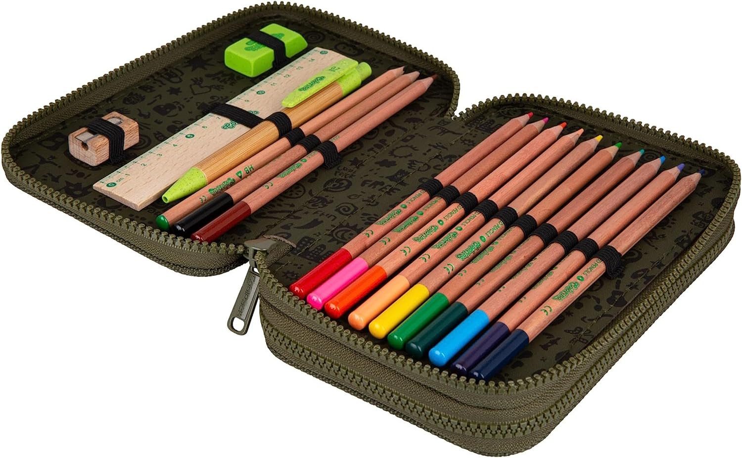 GOLDKIDS Federmäppchen COOLPACK 2-fache Federtasche Federmappe 100% recycelt, (ECO 35-teilig Schüleretui Stifte, und Pinsel inkl. Aufgabenheft Federbox Etui), Stiftetasche Schlamper-Etui Schul-Etui