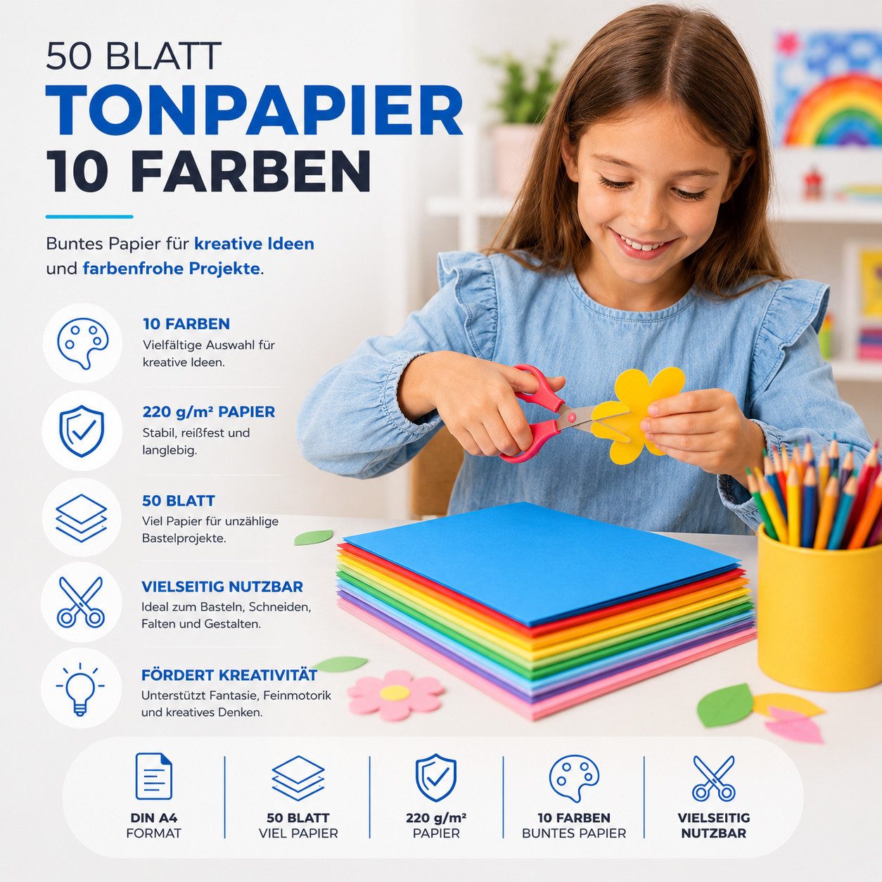 DIYtastic Bastelkartonpapier 50 Blatt bunter Tonkarton DIN A4, 220 g/m², beidseitig farbig – Bild 4 von 5