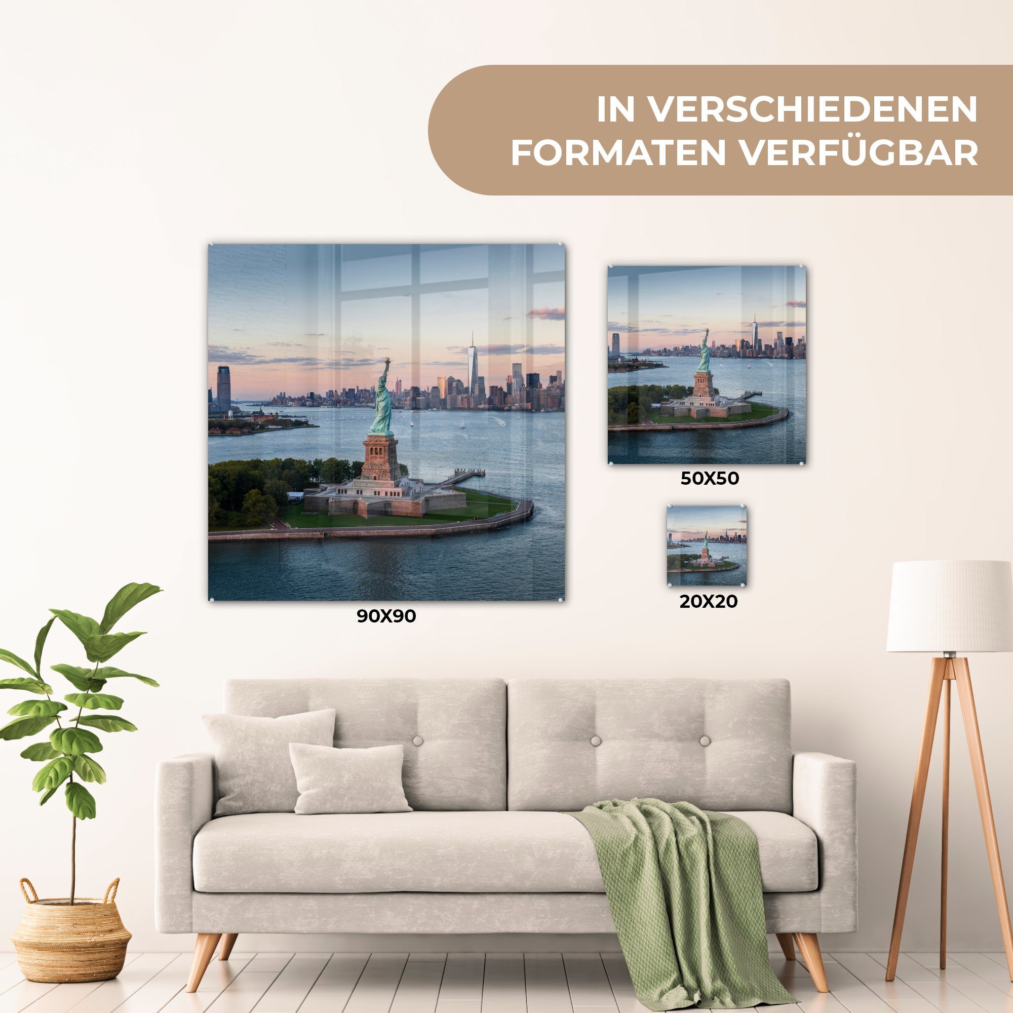 Acrylglasbild St), - mit Wanddekoration MuchoWow Yorker auf Glas Freiheitsstatue auf Bilder Foto Wandbild Skyline, Glas (1 Glasbilder - - New