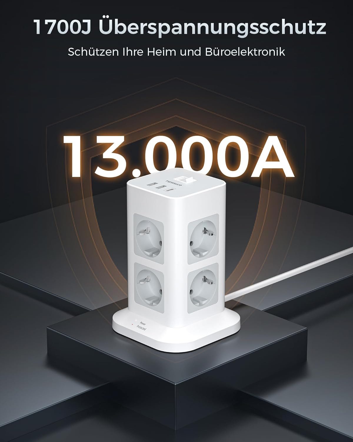 TESSAN 8 Fach Mehrfachsteckdose 3 USB(2USB,1 USB C) Steckdosenleiste Kabel 2m Mehrfachsteckdose (Ein- / Ausschalter, USB-Anschlüsse)