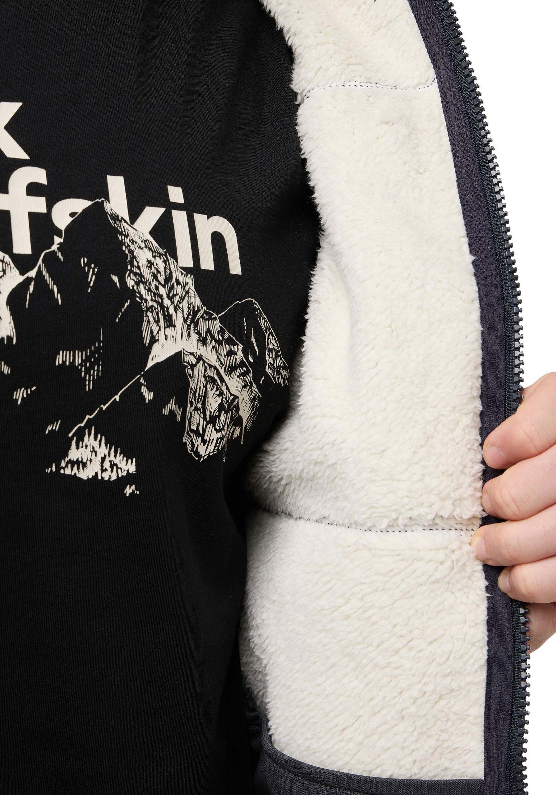 Jack Wolfskin Strickfleecejacke KAMINFEUER für Wandern und Trekking, mit gefütterter Kapuze, atmungsaktiv