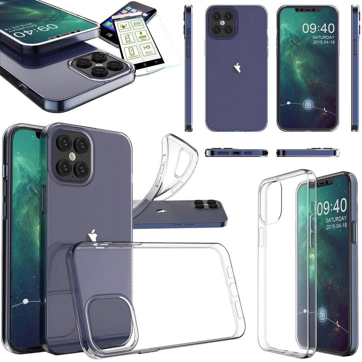 Wigento Handyhülle Für Apple iPhone 12 Pro 6.1 Zoll Silikoncase TPU Transparent + 0,26 H9 Glas Tasche Hülle Schutz Cover