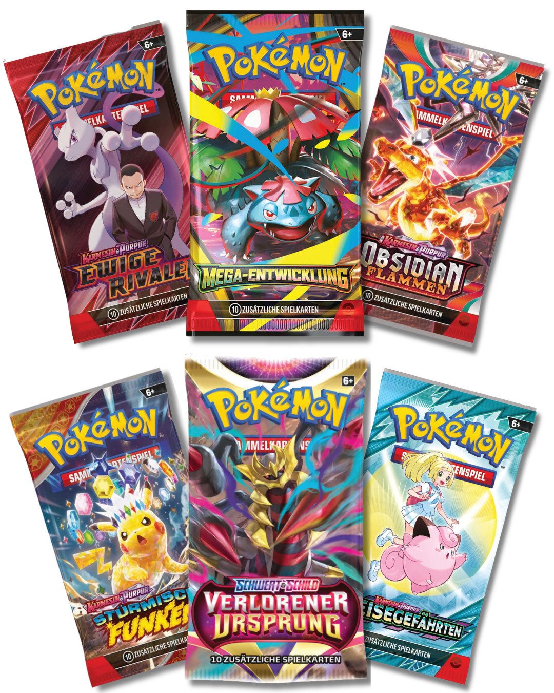 The Pokémon Company Sammelkarte Deutsche Pokemon Booster zur Auswahl Mega Entwicklungen Ewige Rivalen, Verlorener Ursprung, Reisegefährten & Stürmische Funken