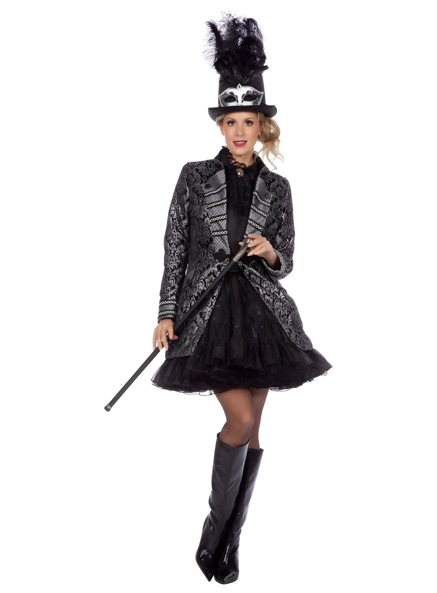 Metamorph Piraten-Kostüm Brokatjacke schwarz/silber für Damen, Edle Barockjacke mit Brokatmuster für historische Anlässe