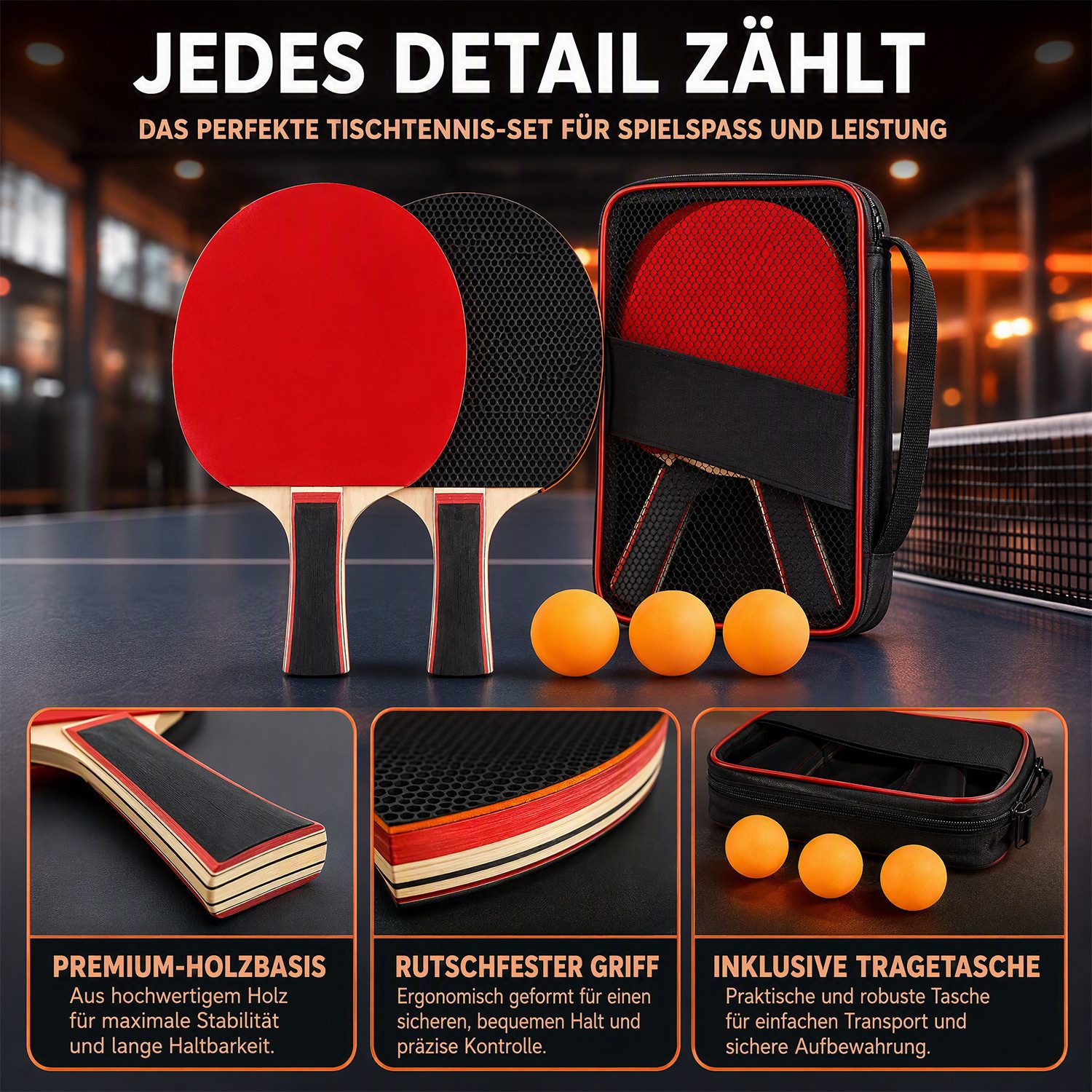 AKKEE Tischtennisschläger Set mit 2 Tischtennisschlägern, 3 Tischtennisbälle und Tragetasche, für Fortgeschrittene, Anfänger und Familienunterhaltung