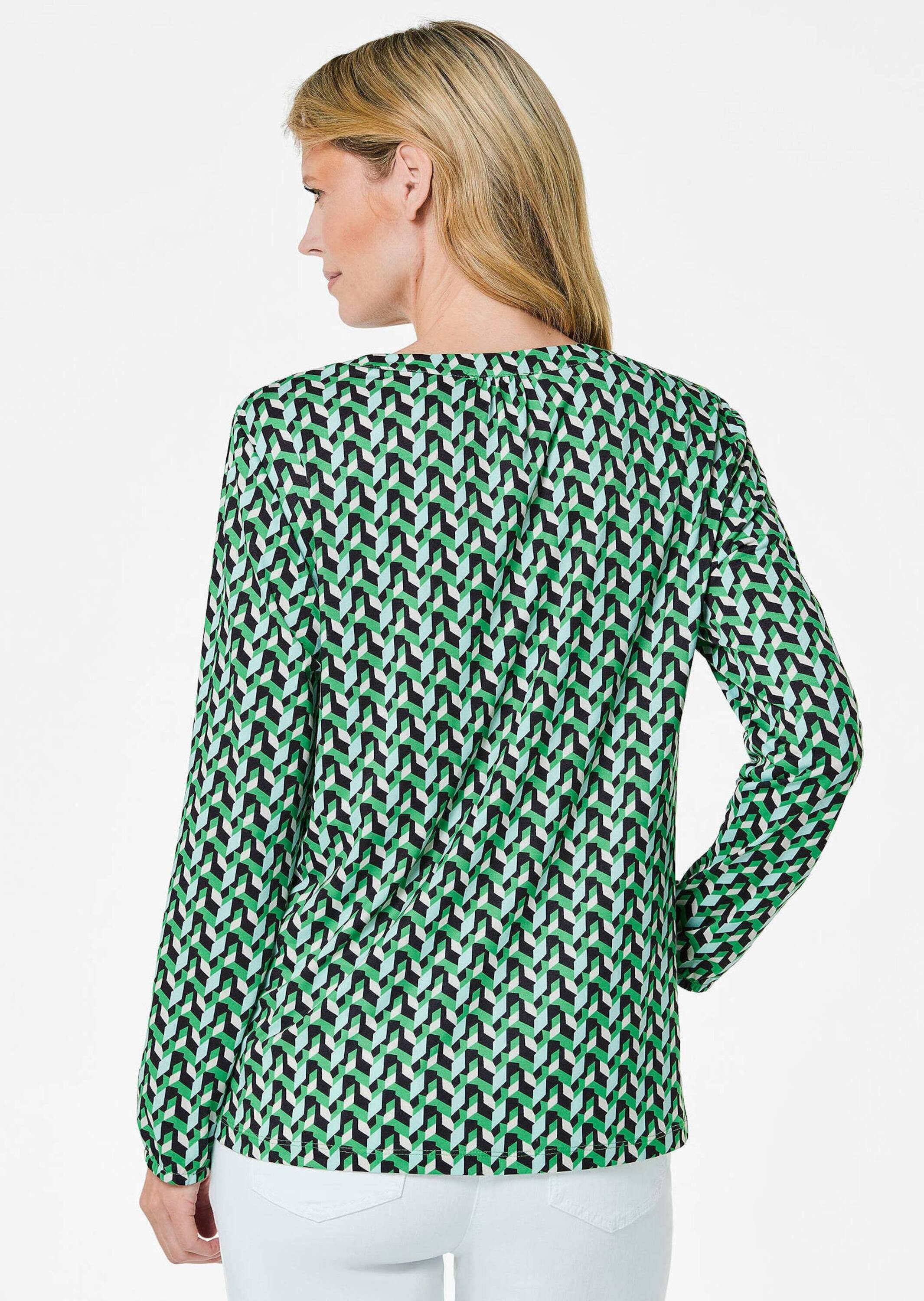 GOLDNER Kurzarmbluse Kurzgröße: Elegantes Blusenshirt mit V-Ausschnitt Schlupfbluse mit Allover-Print, Kräuselung und Langarm