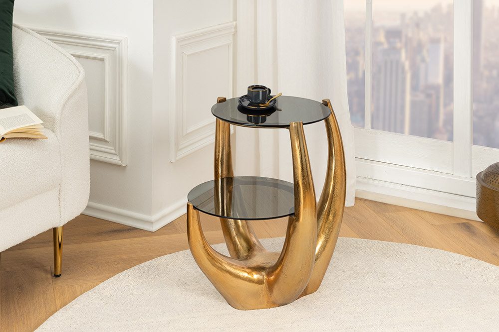 riess-ambiente Beistelltisch LEVELS 50cm gold antik / schwarz · Wohnzimmertisch mit 2 Tischplatten (Einzelartikel, 1-St), Schlafzimmer · Metall-Gestell · rund · handmade · Glasplatte