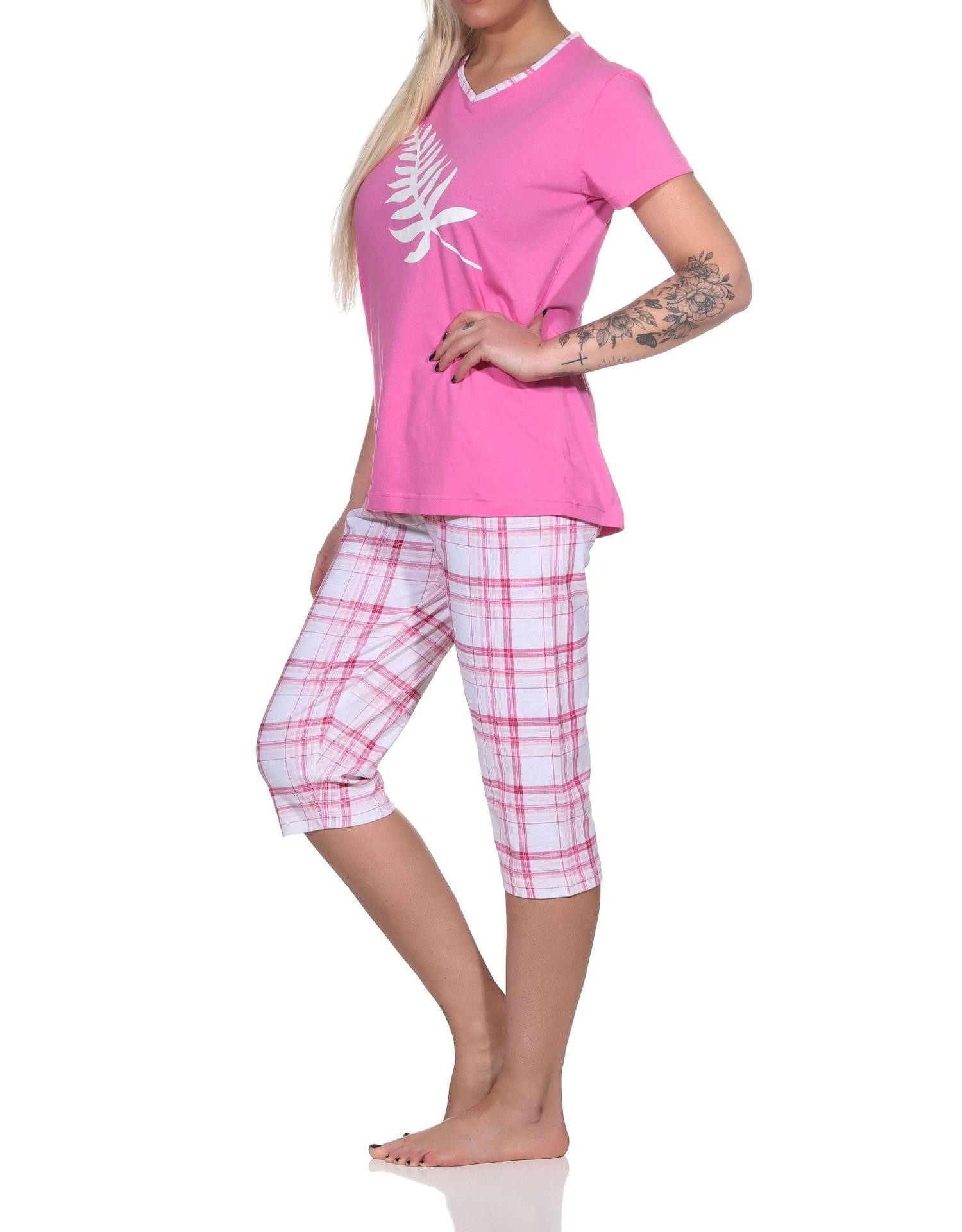 Normann Pyjama Eleganter Damen Capri Pyjama mit karierter ¾ Hose und Frontprint – Bild 2 von 4