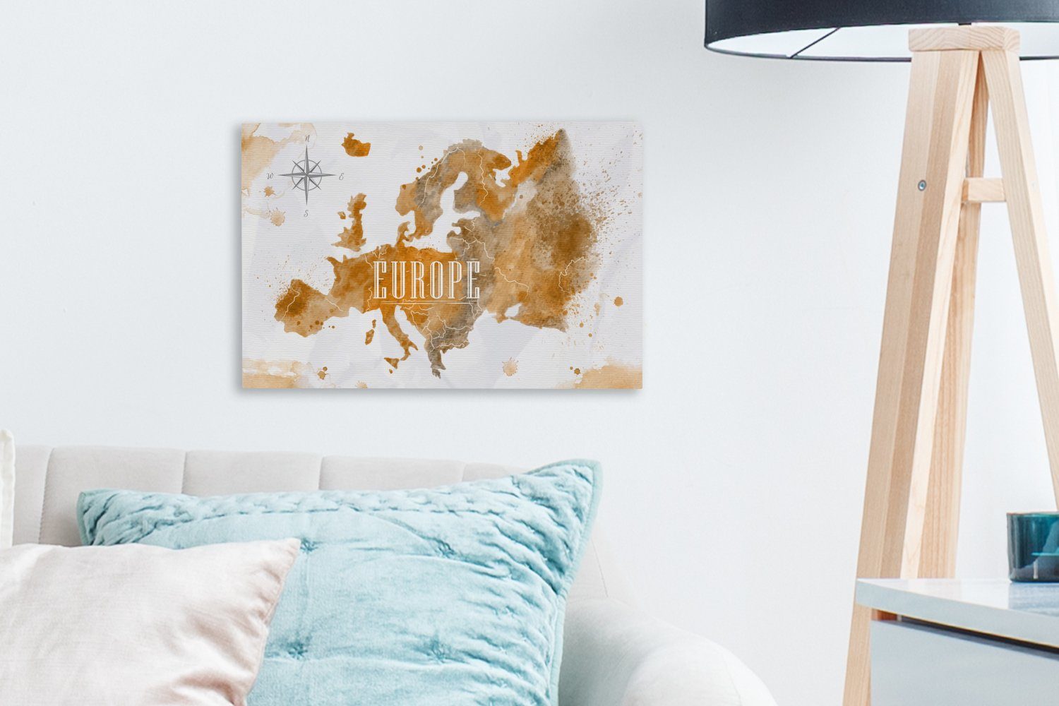 Wandbild Europa 30x20 Wanddeko, Weltkarte - OneMillionCanvasses® Farbe, Leinwandbilder, cm (1 - St), Leinwandbild Aufhängefertig,