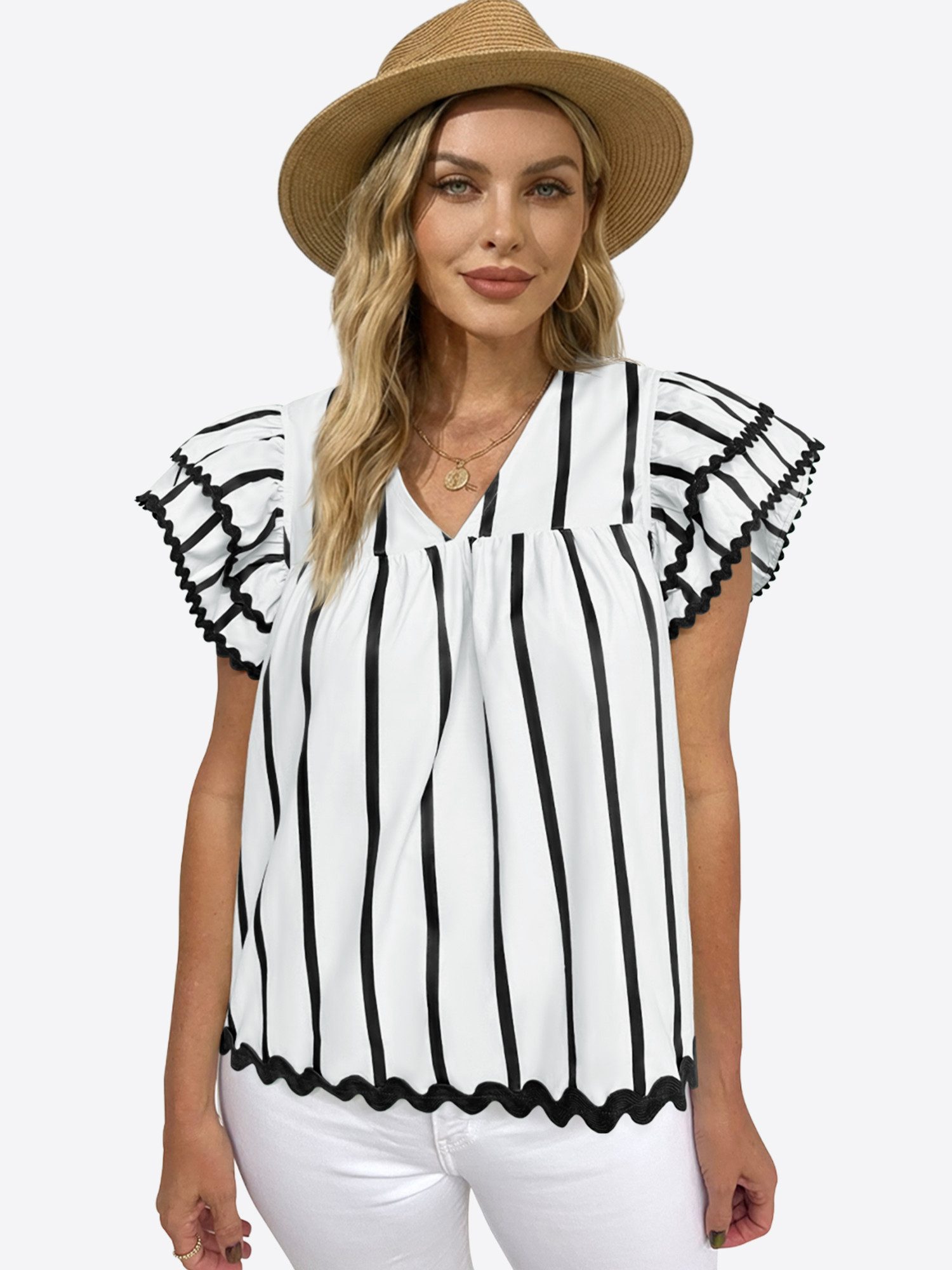 Imily Bela Blusentop Damen V-Ausschnitt Bluse mit Rüschen (Packung, 1-tlg., 1per-Pack) Schultern überlappend