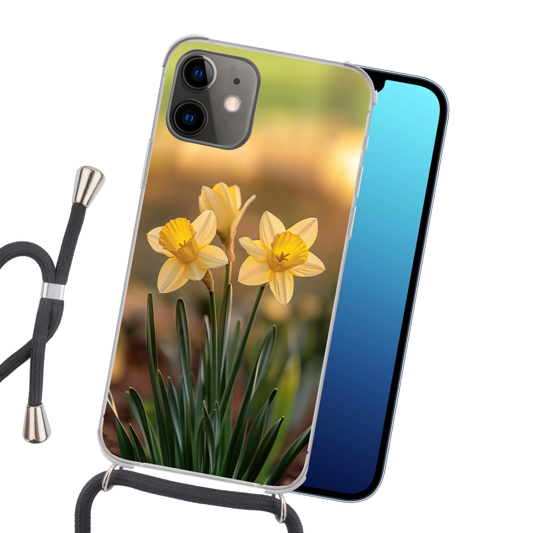 MuchoWow Handyhülle für Apple iPhone 11 Blumen - Gelb - Unscharf, Tragbare Handyhüllen mit Kette zum umhängen, Handykette Handyband