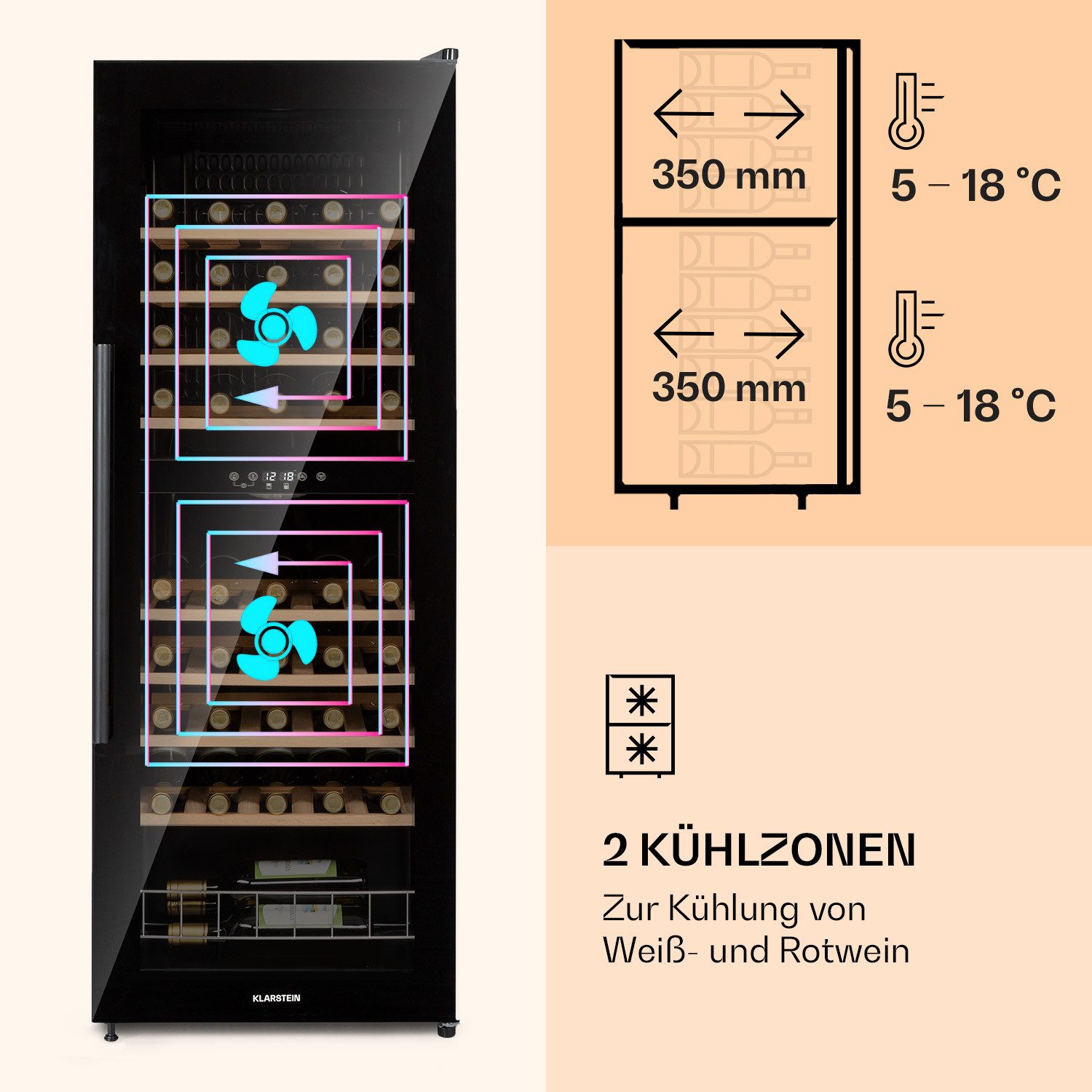Klarstein Weinkühlschrank Barossa 54 Duo Weinkühlschrank 2 Zonen 54 Fl 148L 5-18°C Touch 39 dB, für 54 Standardflaschen á 0,75l,2 Zonen Wein Flaschenkühlschrank Weintemperierschrank Weinschrank