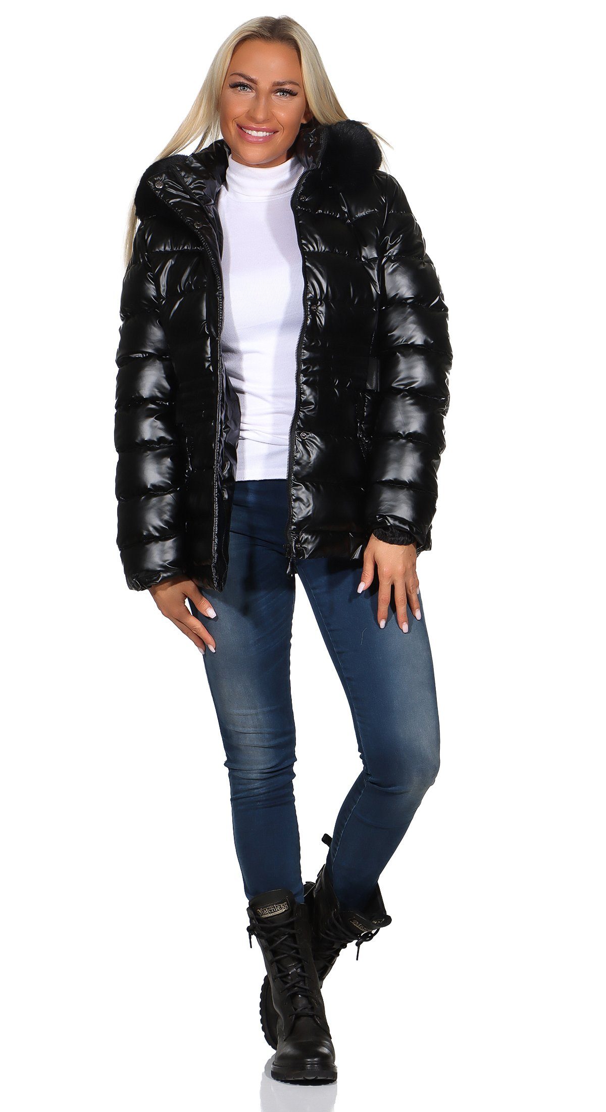 abnehmbare abnehmbares Steppjacke Winter Damenmode Jacke Kunstfell Kapuze, Grau Damen abnehmbare Aurela Kunstfell Steppjacke Kapuze