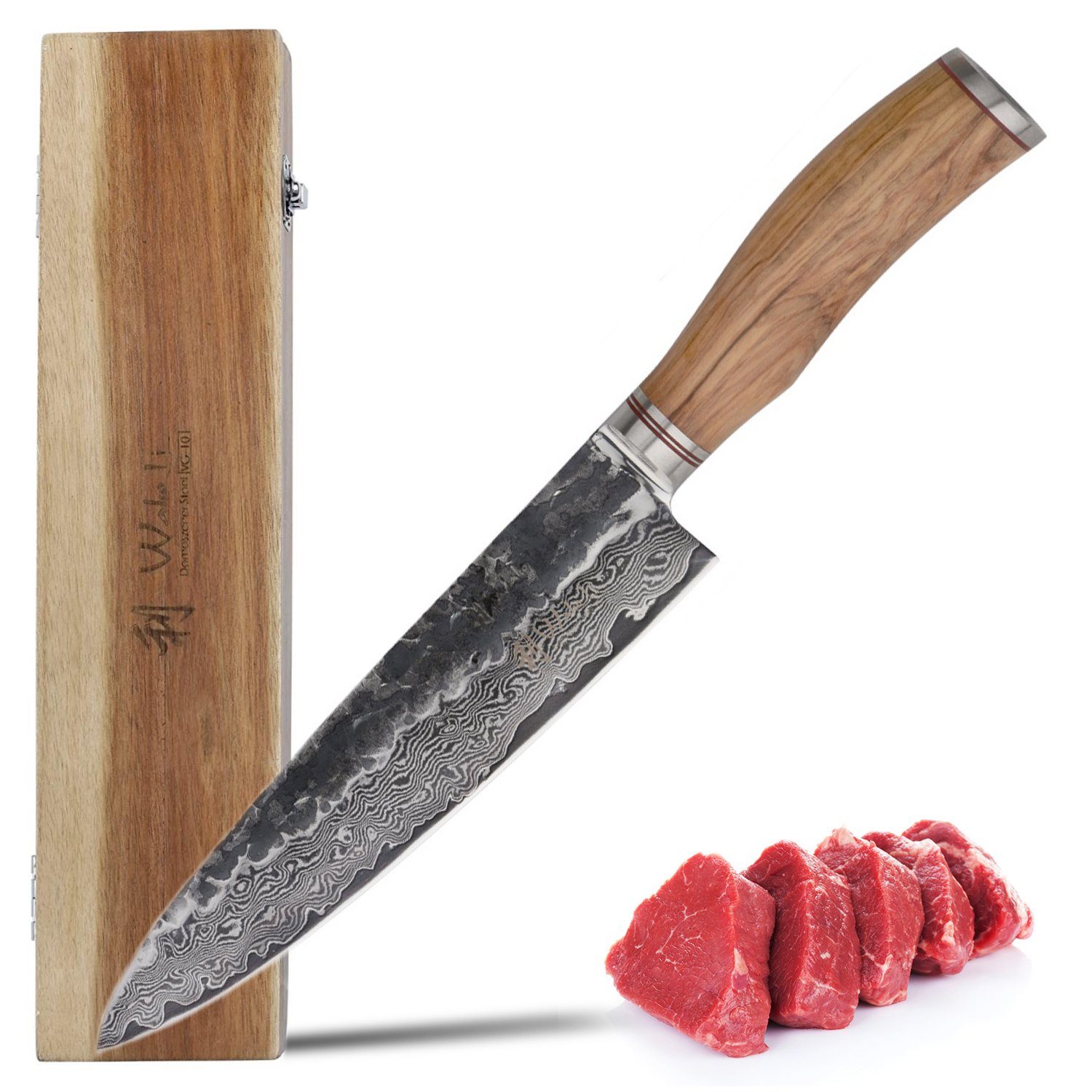 Wakoli Kochmesser Wakoli Damast Chefmesser I 20cm Klinge I Olivenholzgriff und Hammersch | Kochmesser