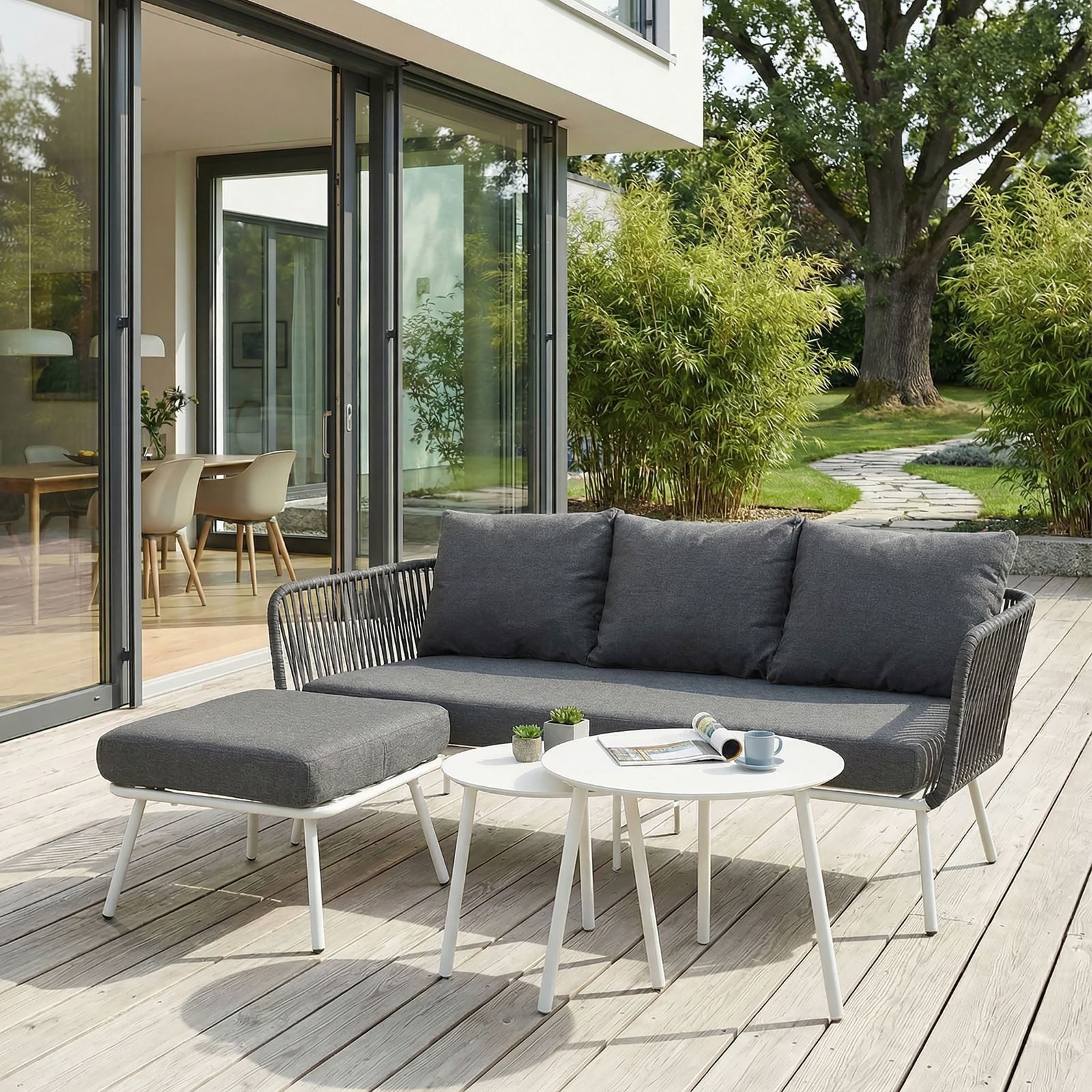 IDIMEX Gartenlounge-Set MYKONOS, (4-tlg), Outdoor Dreisitzer Sofa mit Beistelltisch, Balkonmöbel Set weiß/grau