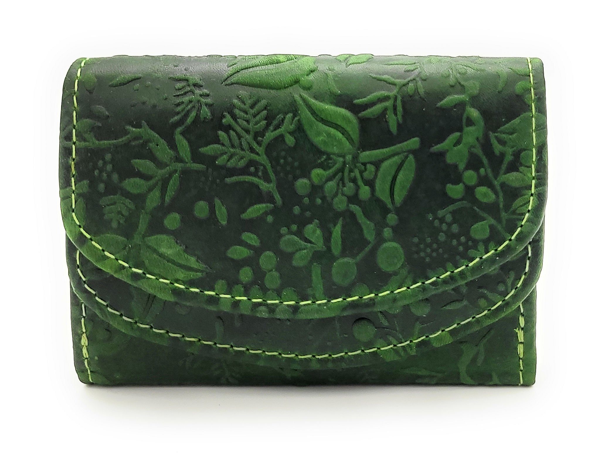 Hill Burry Mini Geldbörse echt Leder Damen Portemonnaie mit RFID Schutz, florale Prägung, kleiner Wickel-Geldbeutel, grün