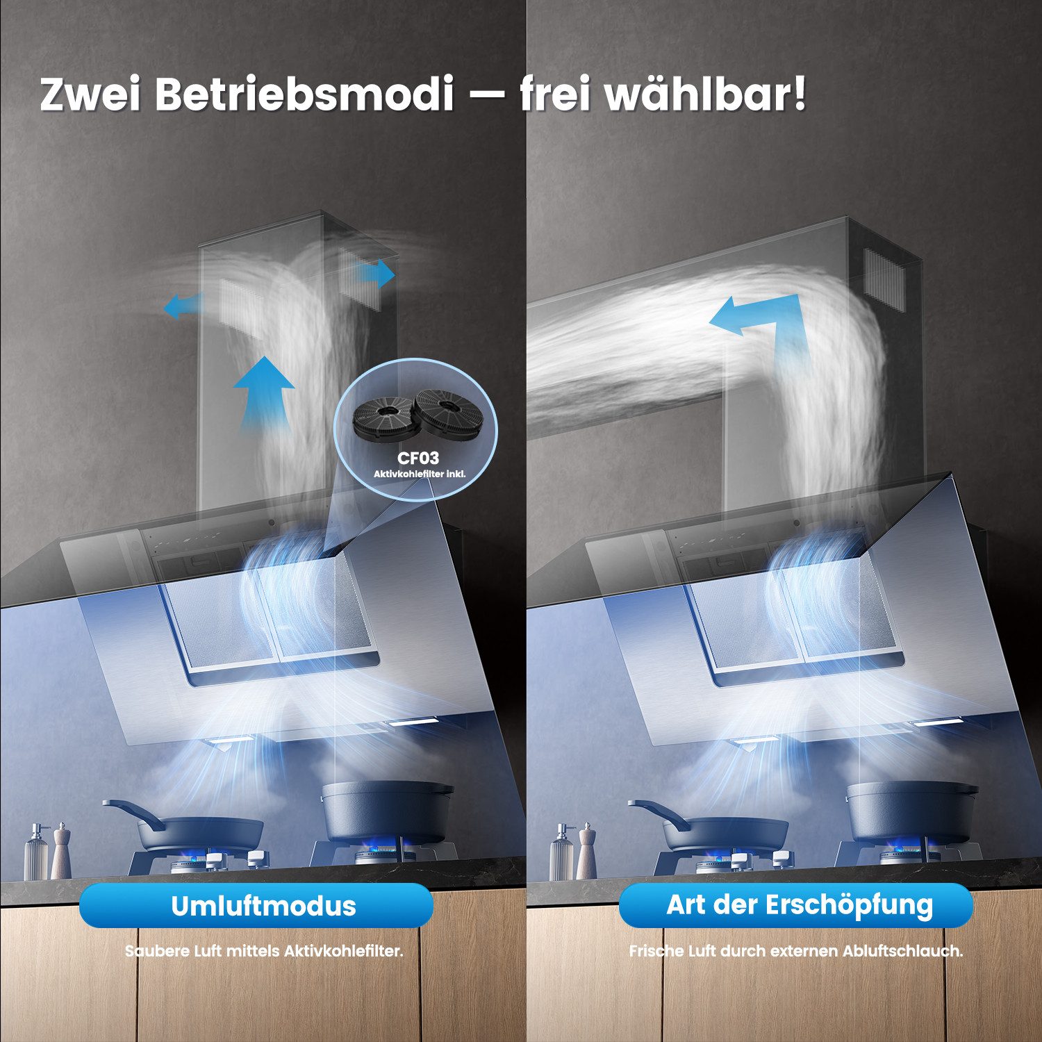 comfee Kopffreihaube ANGJ72B-90PRO-EU ANGJ72B-90PRO-EU, 800 m³/h, sparsam, 68 dB, Touch+Gesten, Schornstein verstellbar