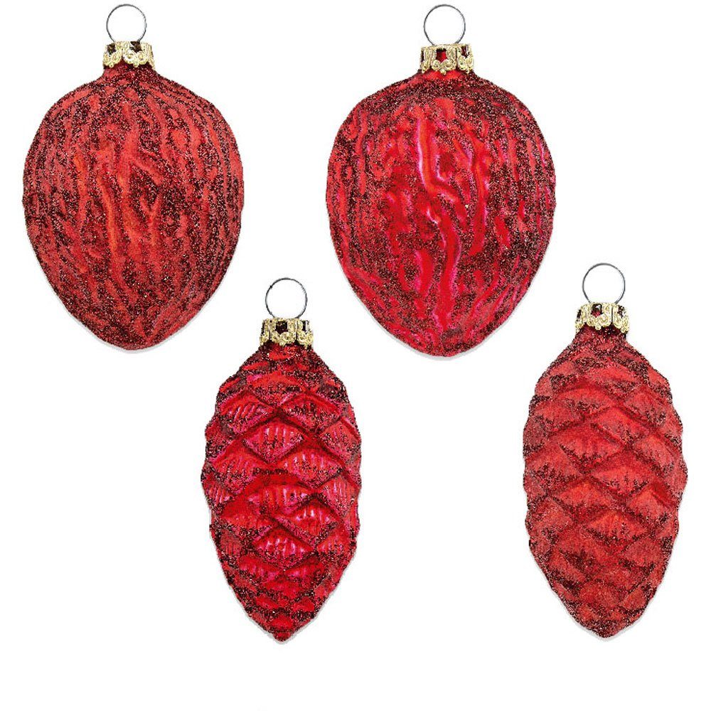 Thüringer Glasdesign Weihnachtsbaumkugel Formen "Zapfen und Nüsse" Set 4-tlg. - Длина ca. 6cm, Weihnachtsbaumschmuck Echtglas Made in Germany (4 St), aus Glas