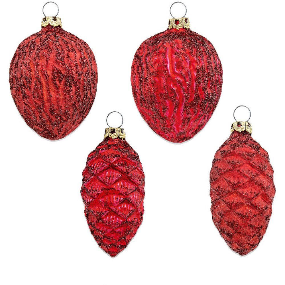 Thüringer Glasdesign Weihnachtsbaumkugel Formen "Zapfen und Nüsse" Set 4-tlg. - Länge ca. 6cm, Weihnachtsbaumschmuck Echtglas Made in Germany (4 St), aus Glas Rot