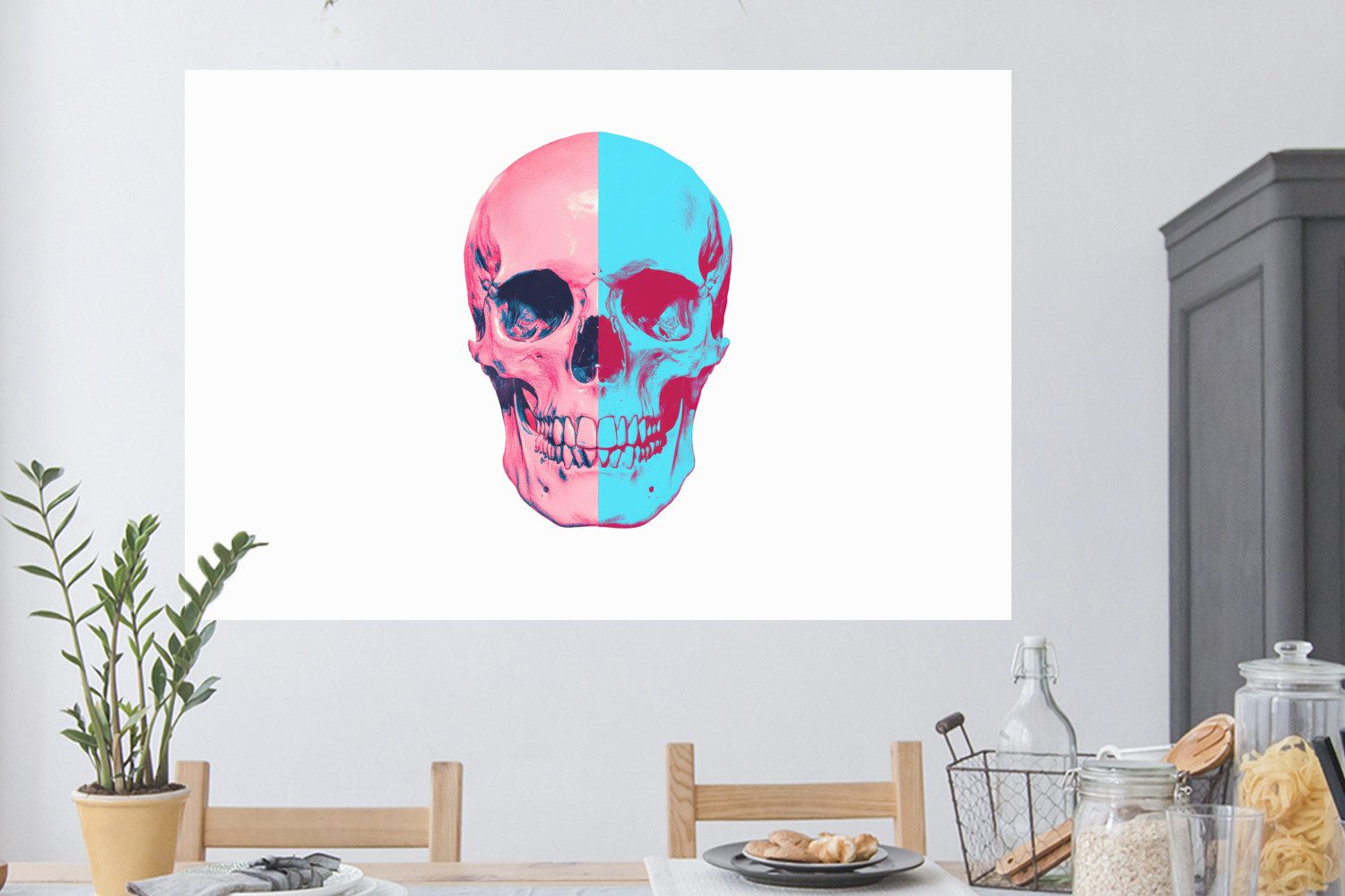 MuchoWow Wandsticker Totenkopf - Grafik - Rosa - Geteilt (1 St), Wanddeko, Aufkleber, Wandtattoo, 120x80 cm