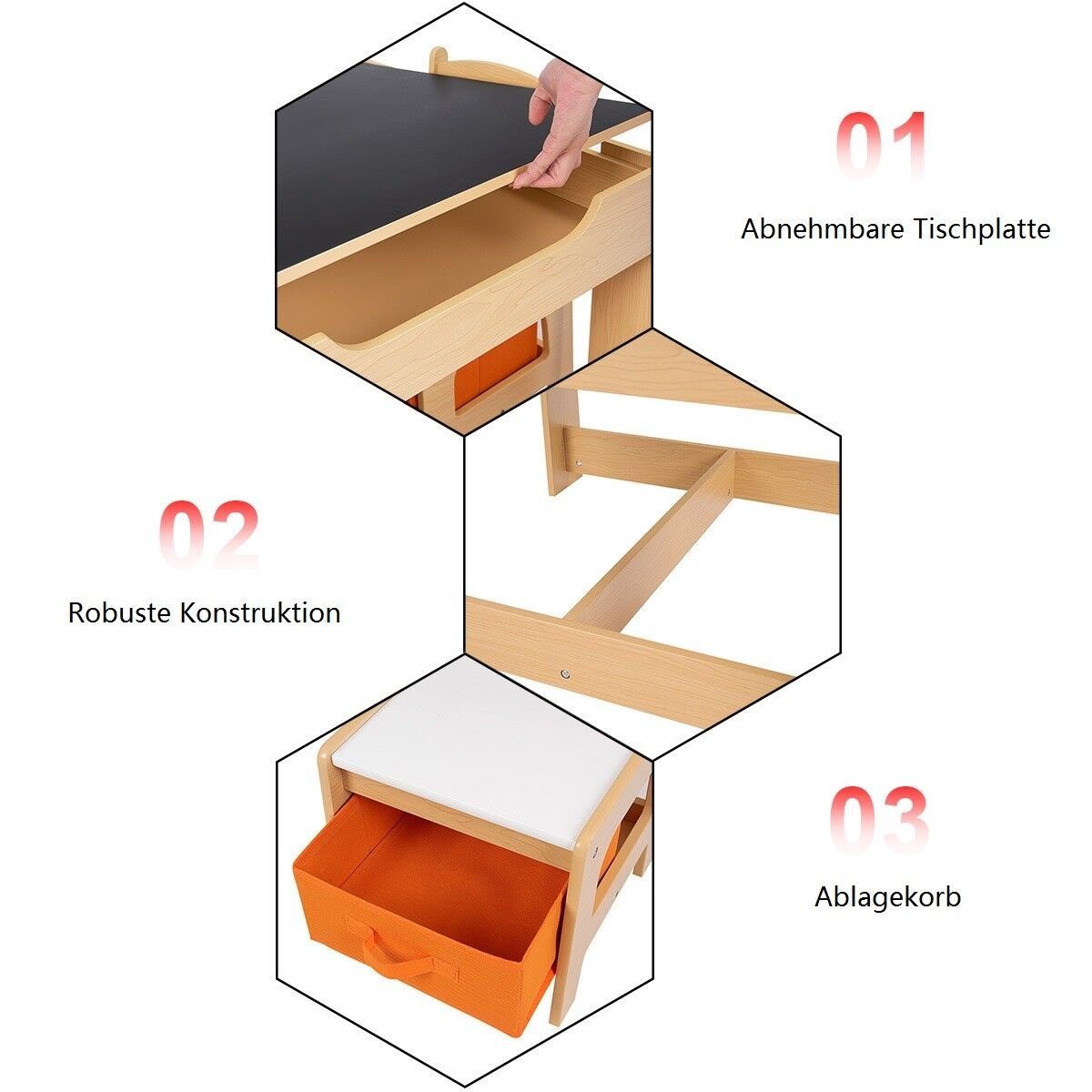 COSTWAY Kindersitzgruppe, 3tlg. Kindertisch mit 2 Stühlen, Stauraum & Tafel