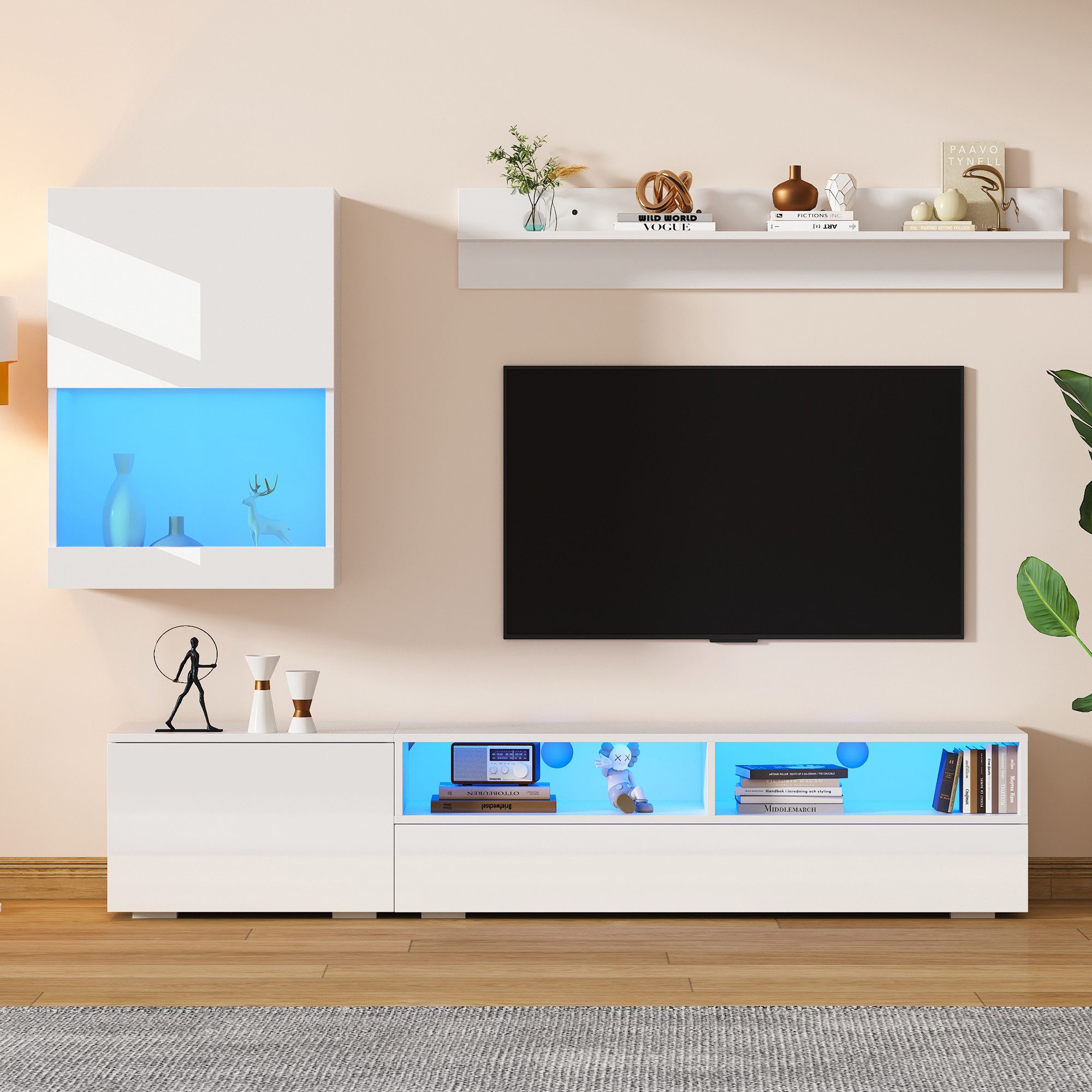 MODFU Wohnzimmer-Set mit LED-Beleuchtung – TV-Schrank, (Wohnwand-set, Wohnz günstig online kaufen