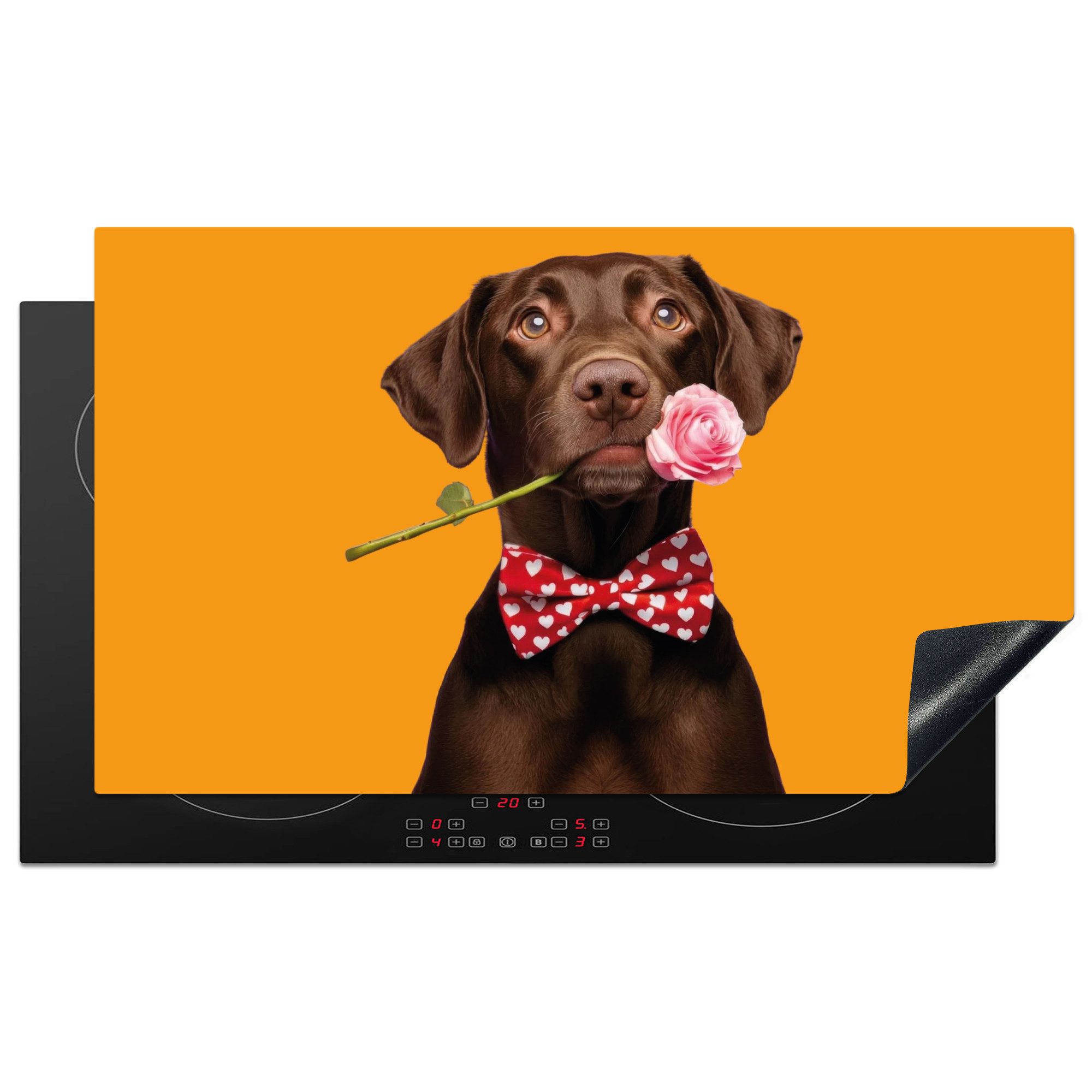 MuchoWow Herd-Abdeckplatte Hund - Orange - Rose - Valentinstag, Vinyl, (1 tlg), Herdabdeckplatten für Ceranfeld, Induktionsschutz, 90x52 cm