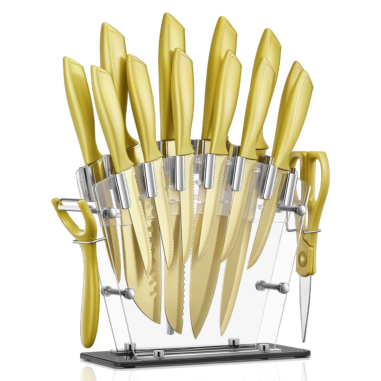 FOHERE Messer-Set 16-teiliges Messerset aus kohlenstoffreichem Edelstahl (Set, 16-tlg), Gold