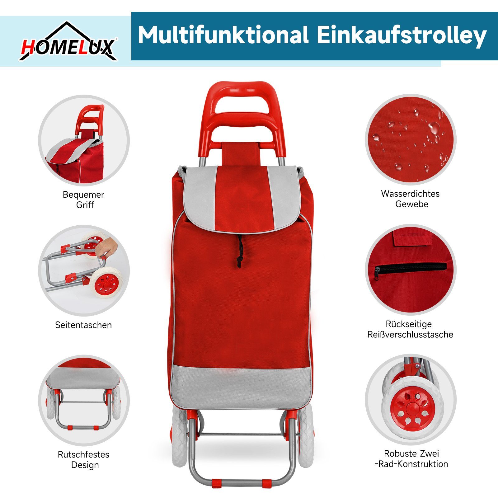 HOMELUX Einkaufstrolley klappbar, Stabiler Einkaufswagen, l, multifunktional, 44 Kapazität, Rollen, große Tasche, Handwagen Backgrid Rot abnehmbare mit