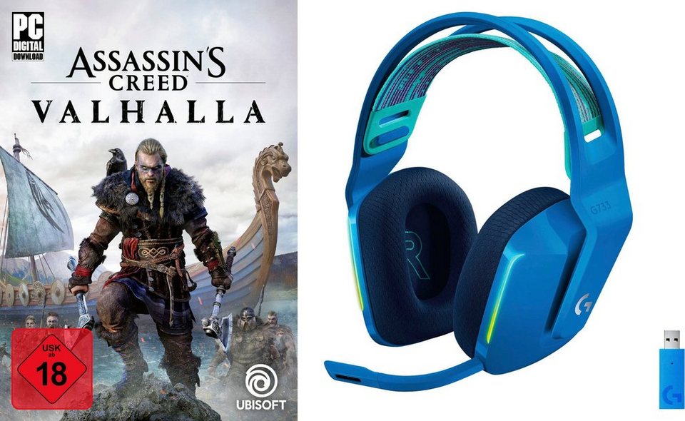 Logitech G G733 blau + PC Assassin's Creed Valhalla Gaming-Headset (Mikrofon  abnehmbar)