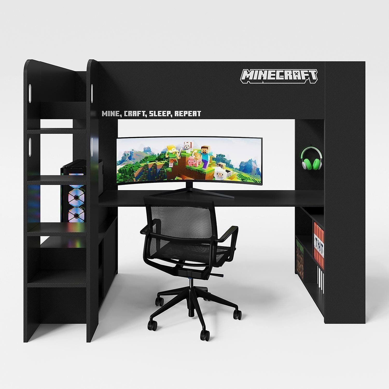 Kinderbett MINECRAFT, 90 x 200 cm, Schwarz, mit Leiter, Schreibtisch, B 227 x H 181 x T 96 cm