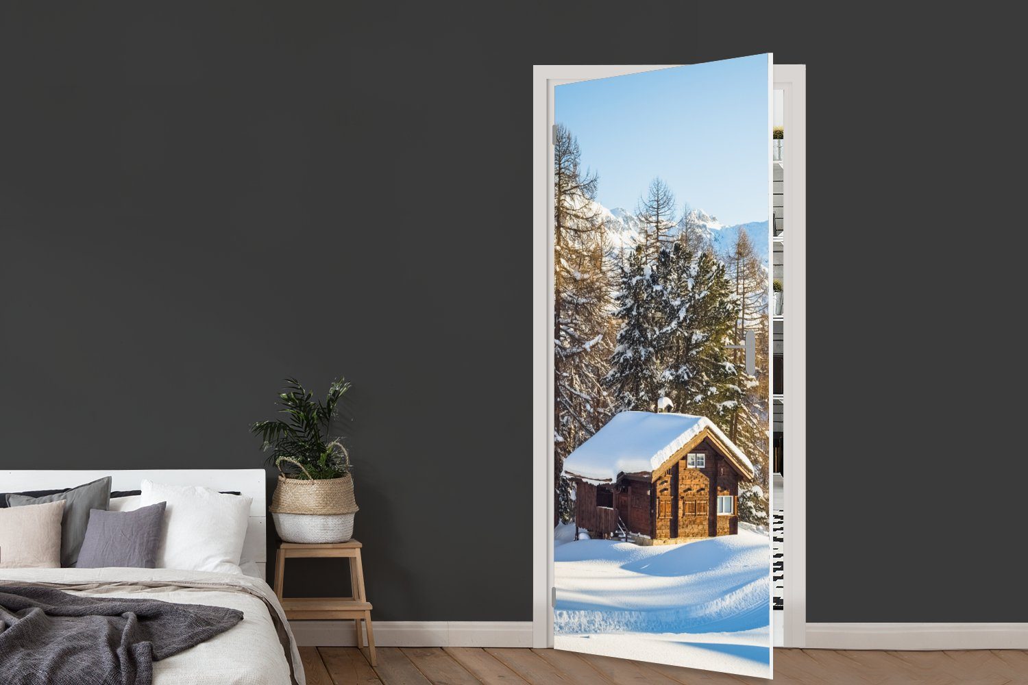 MuchoWow Türtapete Hütte für Winter, bedruckt, 75x205 cm der Tür, in im Türaufkleber, St), Matt, Bergen (1 den Schweiz Fototapete