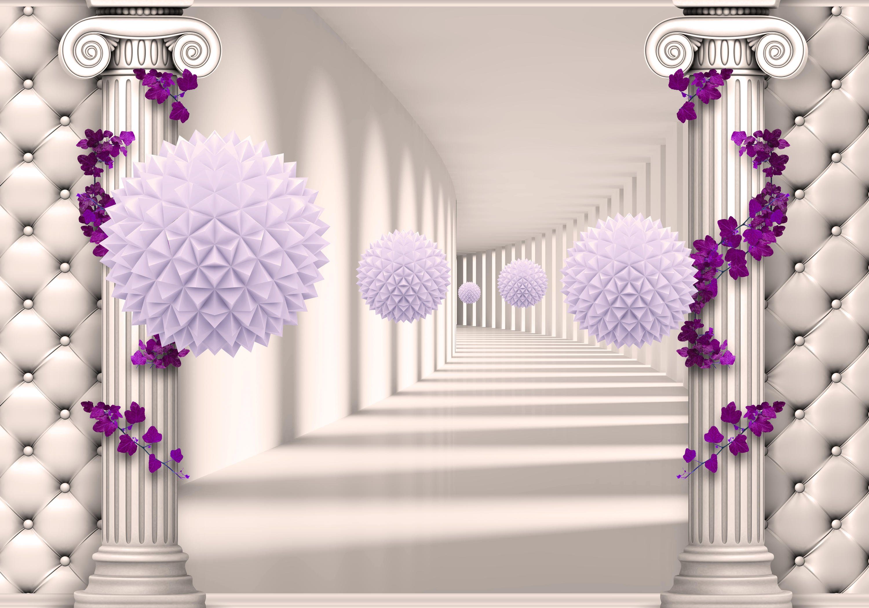 wandmotiv24 Fototapete Korridor Säulen violett Blättern lila, glatt,  Wandtapete, Motivtapete, matt, Vliestapete | Vliestapeten