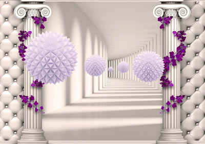 wandmotiv24 Fototapete Korridor Säulen violett Blättern lila, strukturiert, Wandtapete, Motivtapete, matt, Vinyltapete, selbstklebend