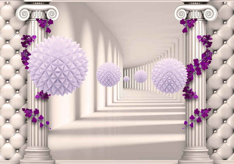 wandmotiv24 Fototapete Korridor Säulen violett Blättern lila, glatt, Wandtapete, Motivtapete, matt, Vliestapete