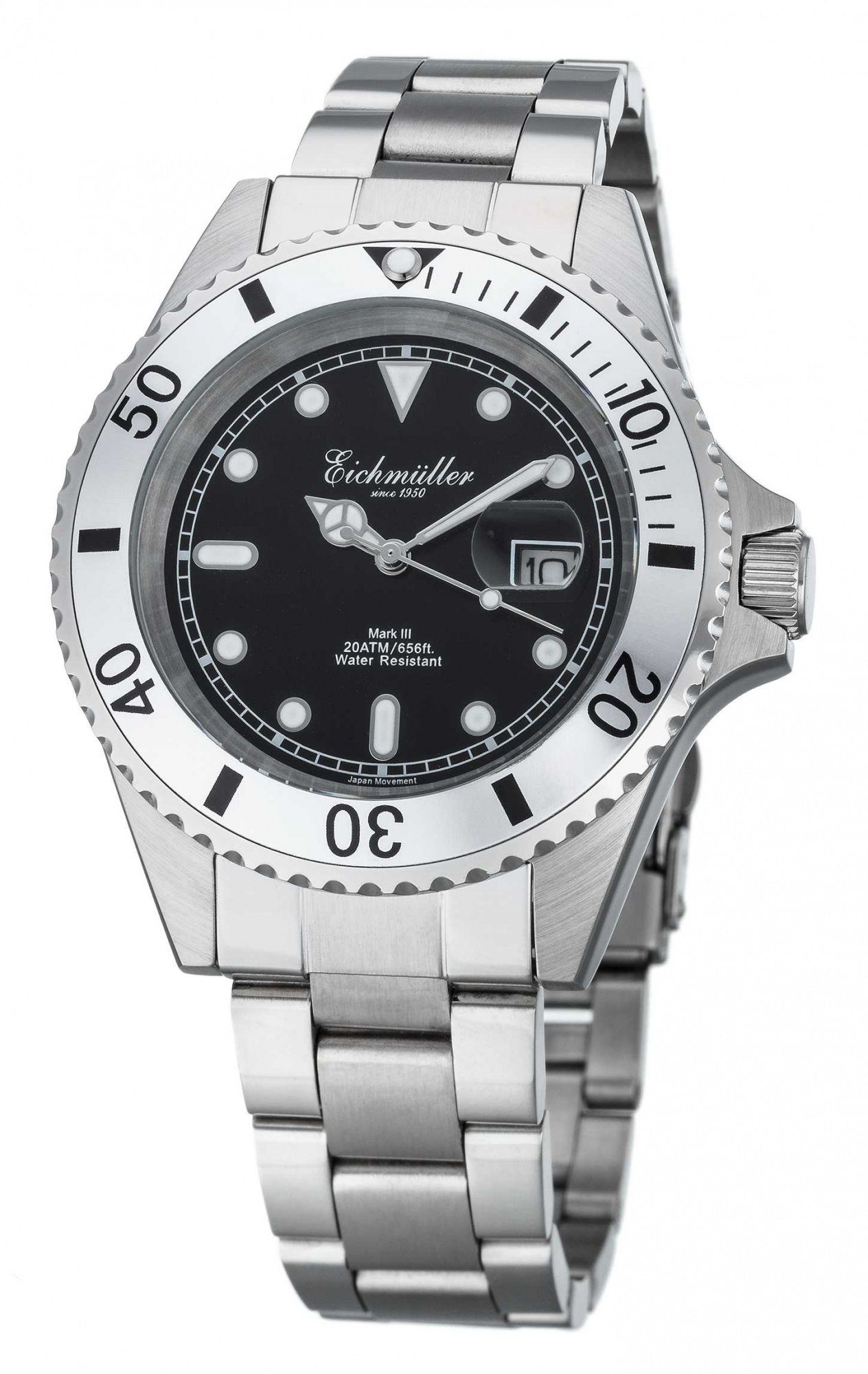 Eichmüller Taucheruhr Herrenuhr 3460-06, Edelstahl, Schwarz, 43 mm, 3460-06, 20 ATM wasserdicht, Edelstahlband, sportlich und robust