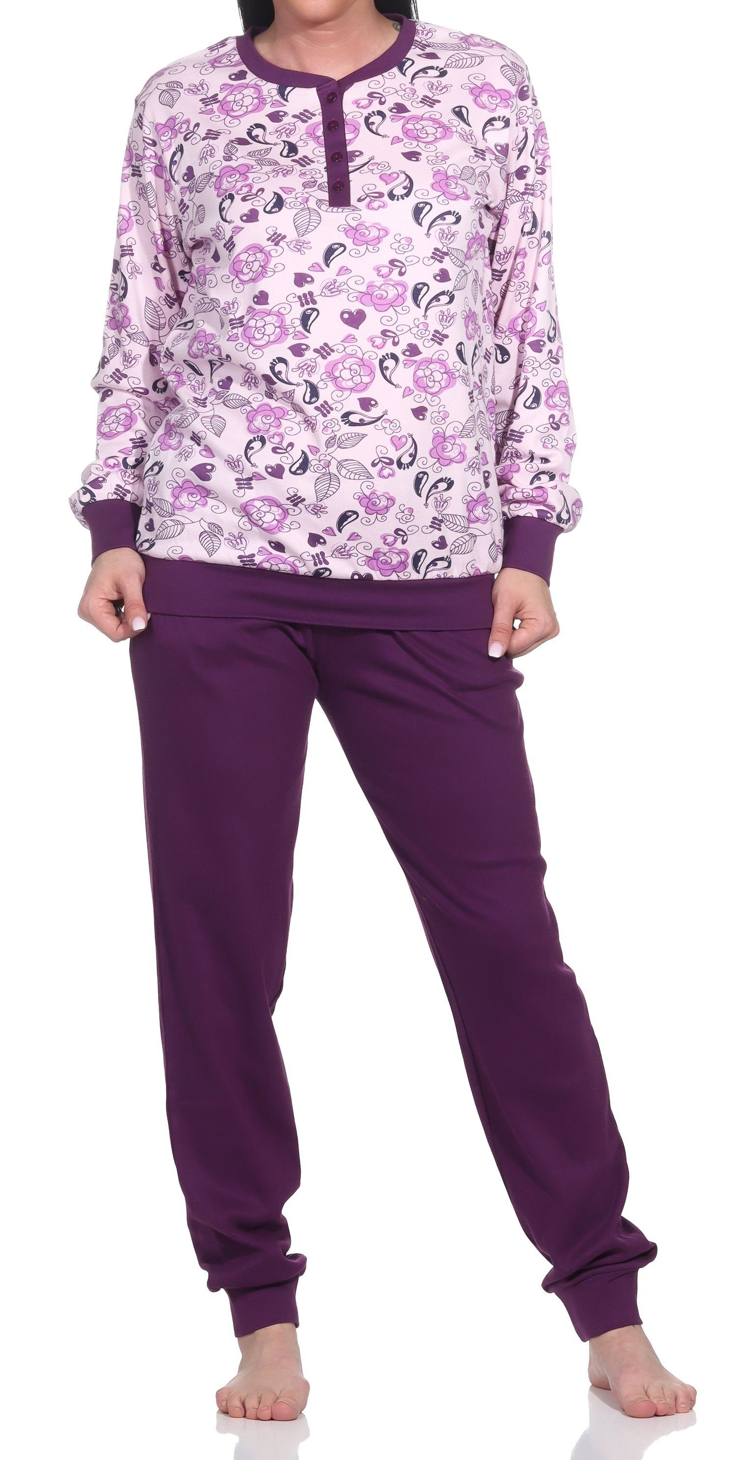 Normann Pyjama Damen Interlock Schlafanzug lang mit Bündchen - auch in Übergrößen rosa