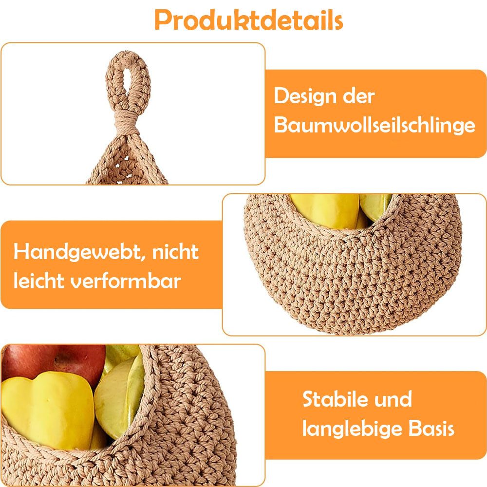 TUWENA Hängekorb 3 Stück Hängend Obstkorb,Handgewebt Baumwollegewebe Aufbewahrungskörbe