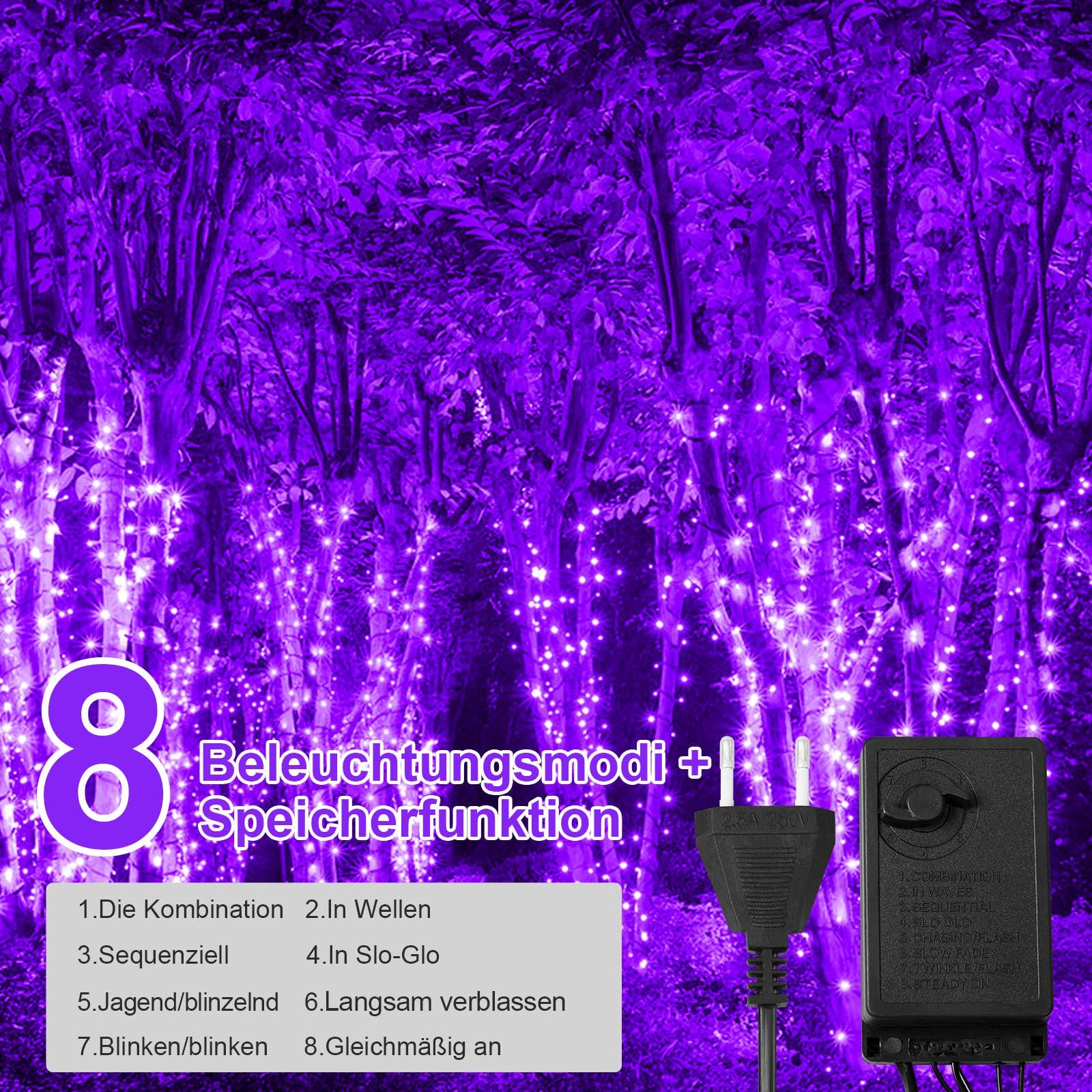Rosnek Lila Kabel, Spulenverpackung 240LEDs, für wasserdicht, Garten 50M, Deko, Weihnachtsbaum 8 Speicherfunktion, LED-Lichterkette Modi, schwarzes