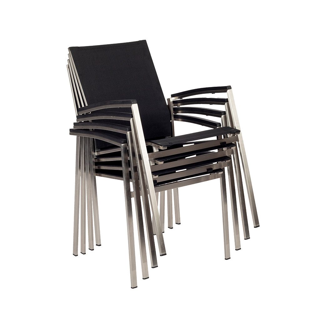 acamp Gartenstuhl AURIS 4er Set stapelbar Edelstahl moderner Stapelsessel (atmungsaktives Acatex Gewebe wetterfest inkl 4 Sessel), stapelbarer Gartensessel Edelstahl schwarz Outdoor Armlehnen