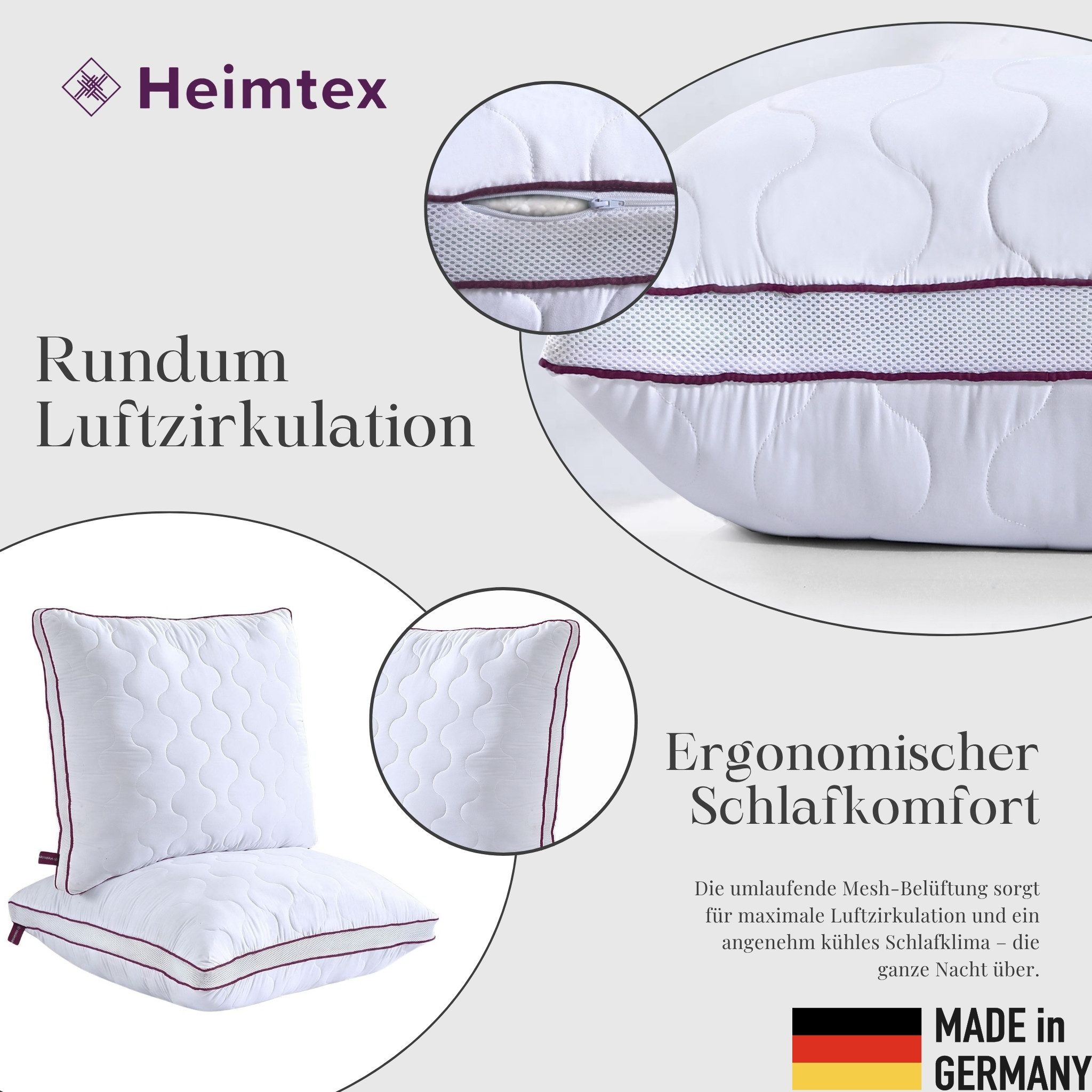 Heimtex Kopfkissen Atmungsaktives 80x80cm Kissen mit Airflow-Netz, aus DE, Füllung: 100 % Polyester, Einstellbare Festigkeit mit Airflow-Mesh