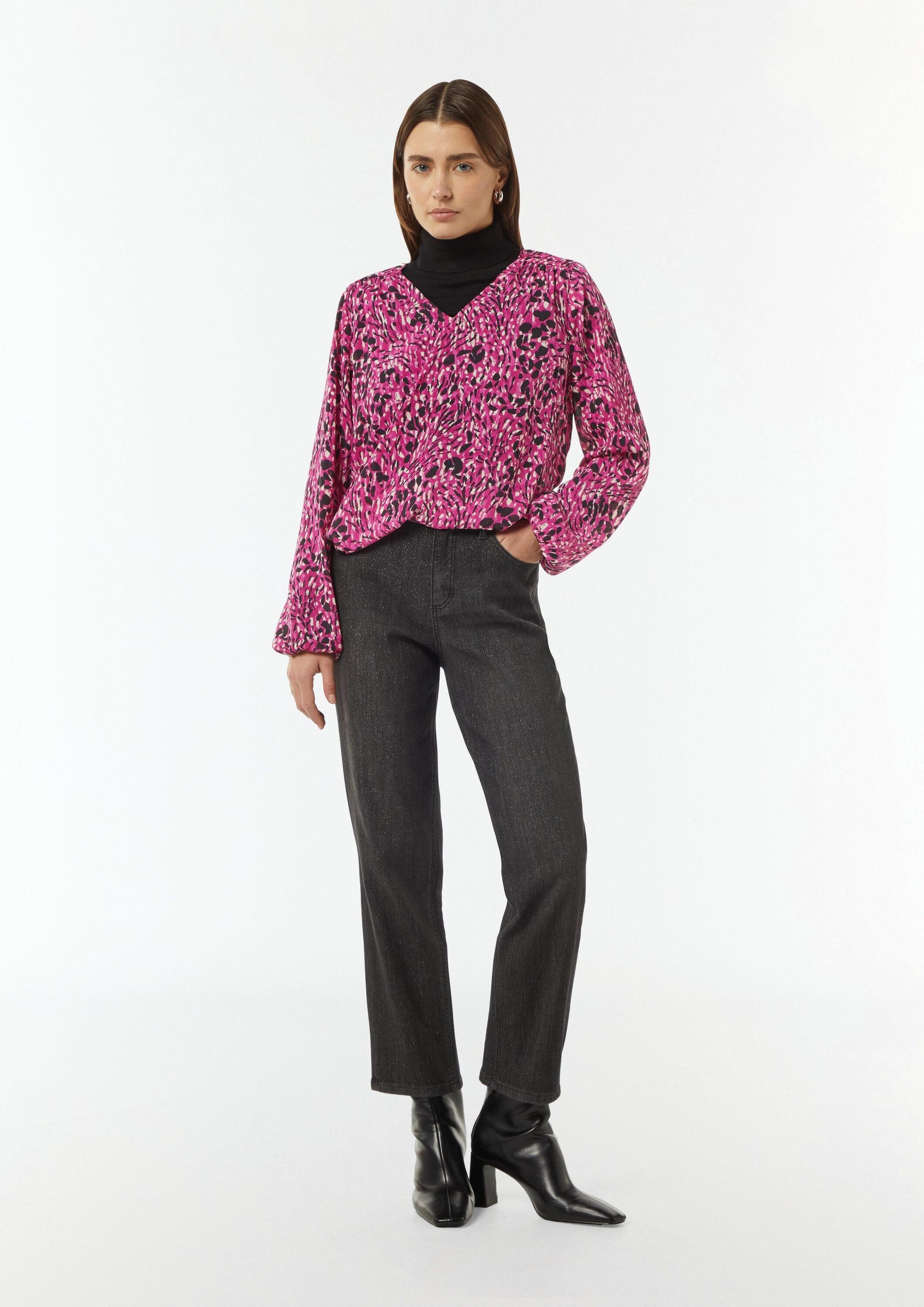 comma Langarmbluse Bluse Gemusterte Chiffon-Bluse mit V-Ausschnitt