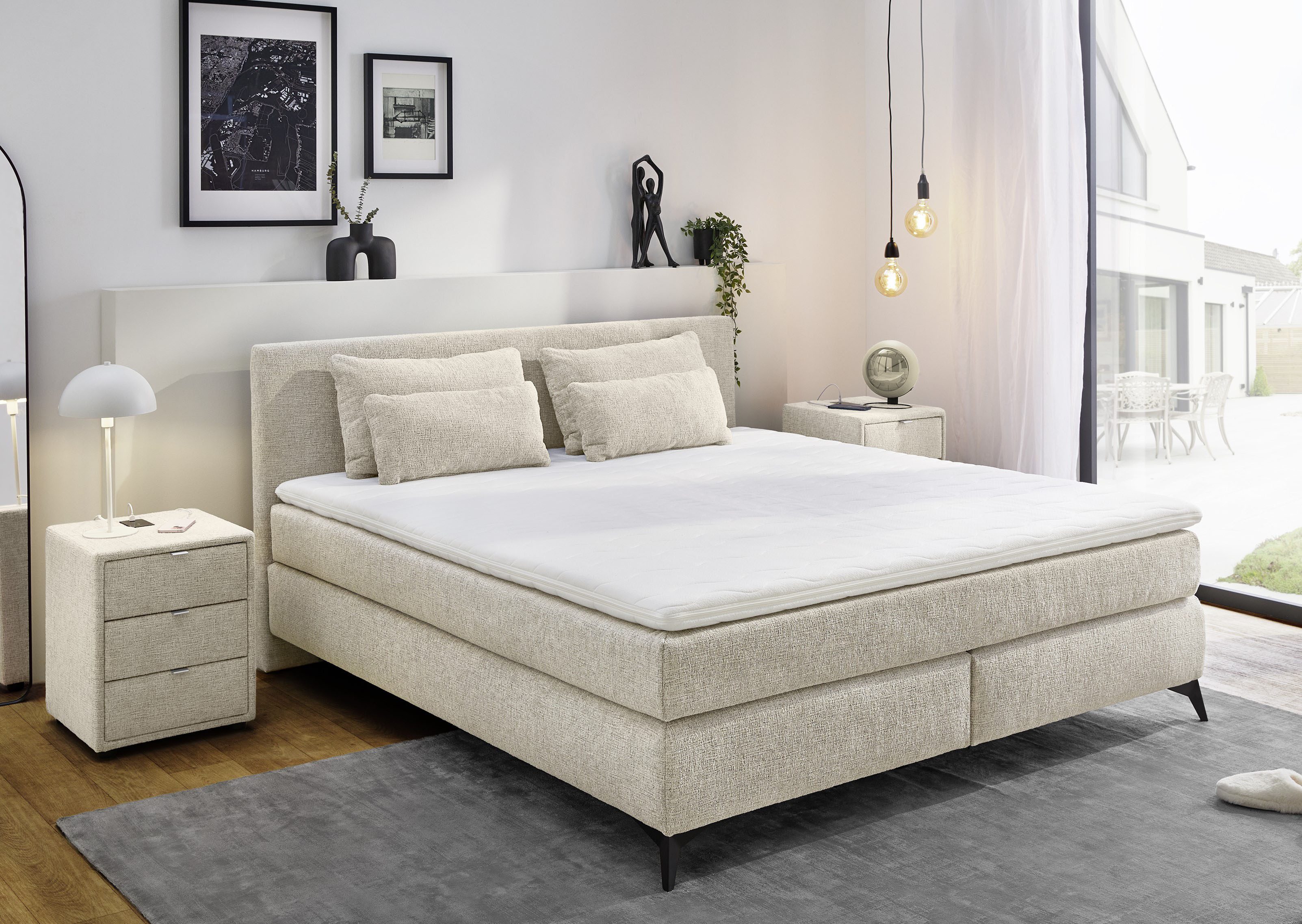 Jockenhöfer Gruppe Boxspringbett Paulina, inkl. Topper & Kissen, Härtegrade wählbar, 2 Stoffqualitäten, 140x200 cm oder 180x200cm, Chenille oder Cord