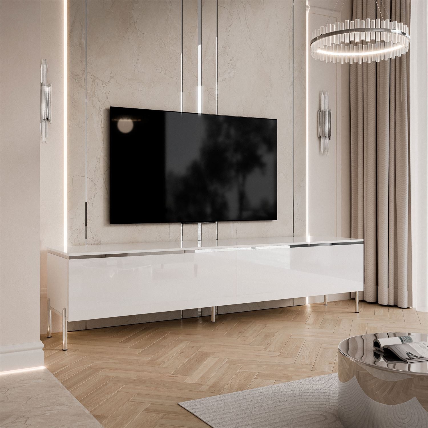 Lookway TV-Schrank AURORA SILVER auf Beinen und LED Beluchtung Breite: 180 cm, Höhe: 45/49,5 cm, Tiefe: 40 cm – Bild 5 von 5
