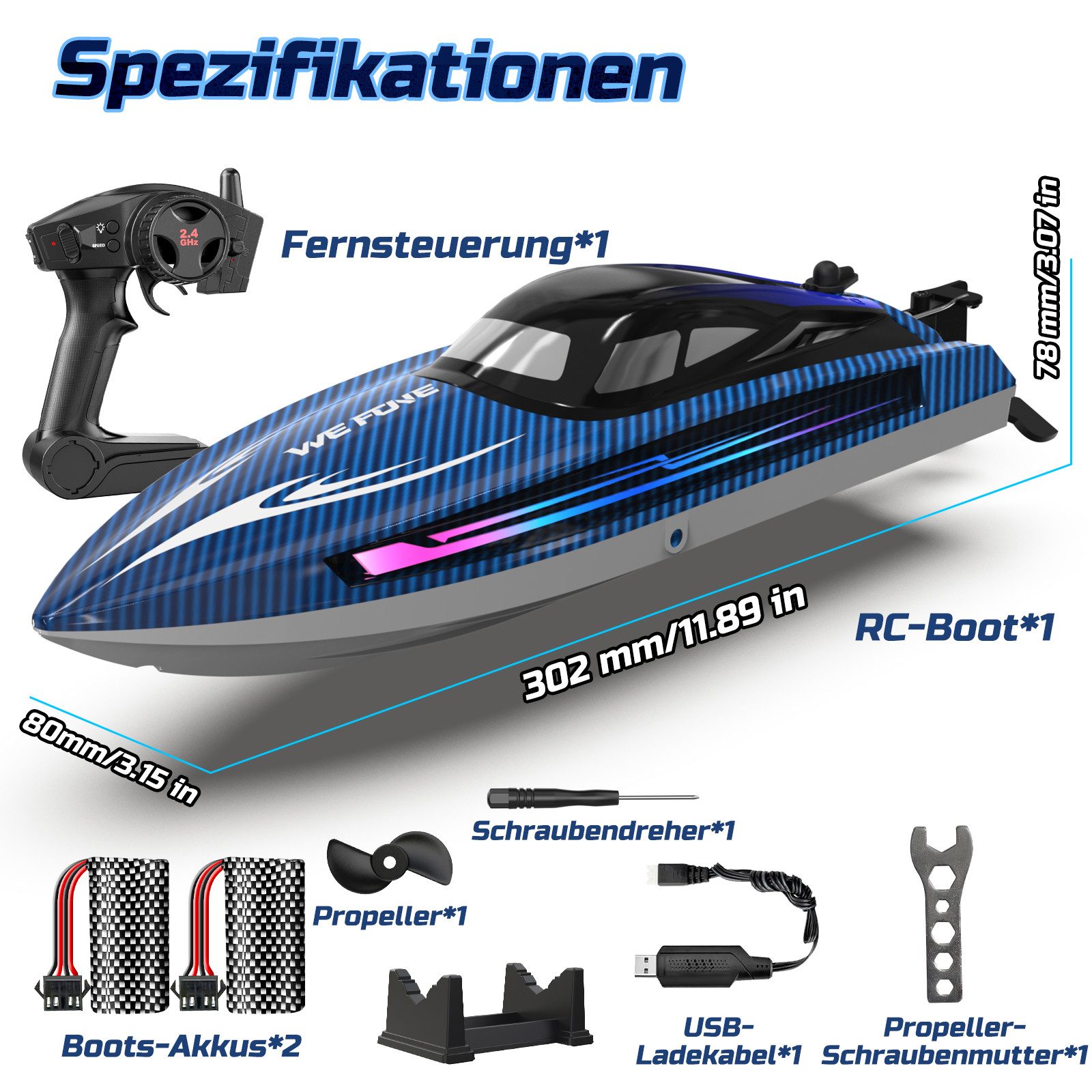 WEFONE RC-Boot für Kinder mit bis zu 24 km/h, 2,4 GHz Fernsteuerung, kentersicher (1-tlg), LED-Beleuchtung & bis zu 40 Min. Fahrzeit