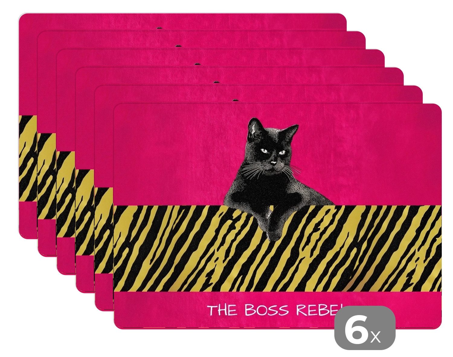 MuchoWow Platzset Katze - Boss - Rosa - Tigerdruck, (6-St), Platzsets, Tischset, Abwaschbar, Tischsets, Platzdeckchen