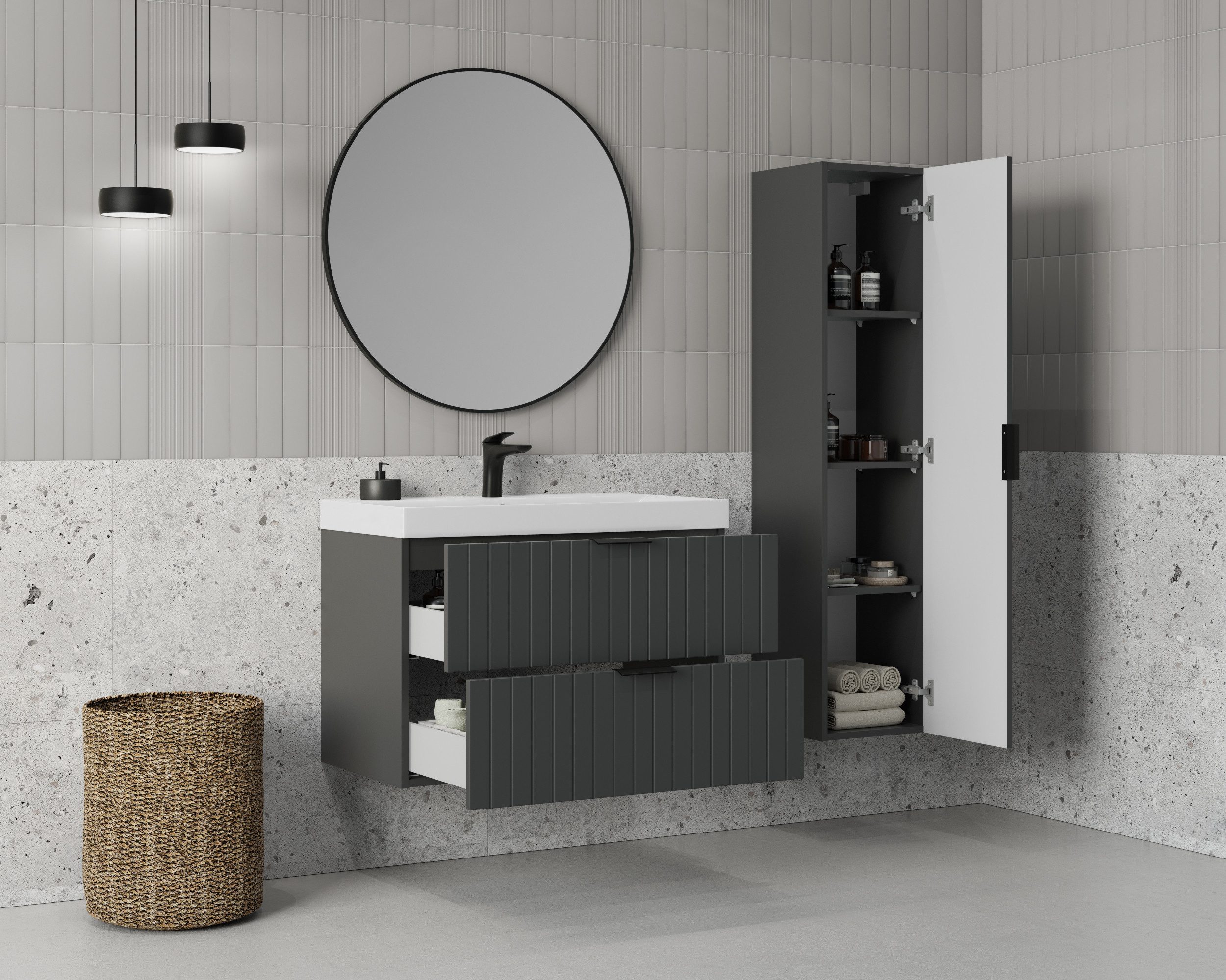 welltime Hängeschrank HARMONY rechts/links montierbar, Breite 32 cm, modernes Design Schrank mit 3 Einlegeböden, Soft-Close-Function, Paneeloptik – Bild 4 von 5